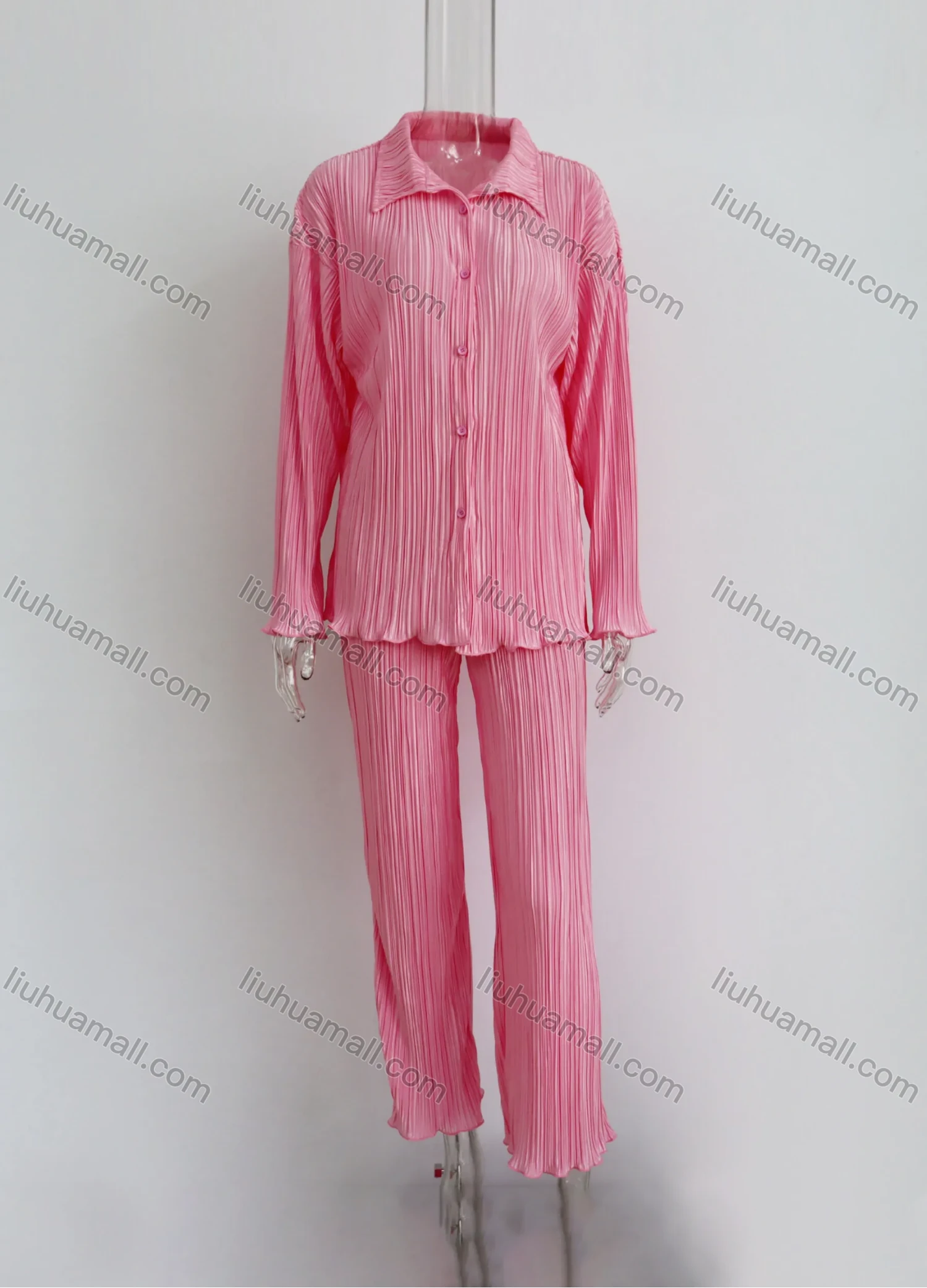 Wholesale Women's Fashion Pleated Long Sleeve Loose Fit Shirt 2 Piece Set - Liuhuamall