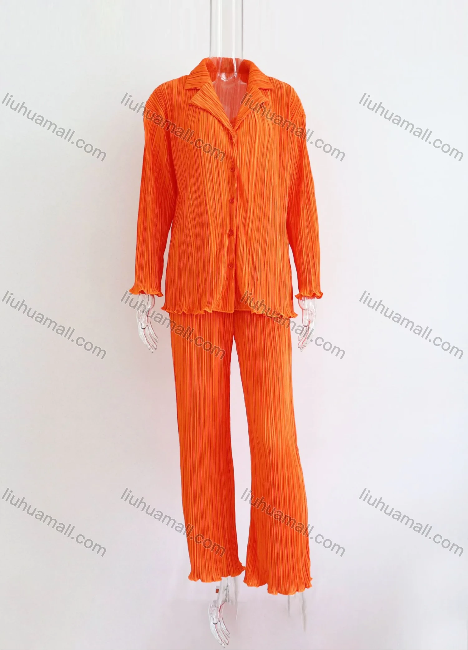 Wholesale Women's Fashion Pleated Long Sleeve Loose Fit Shirt 2 Piece Set - Liuhuamall