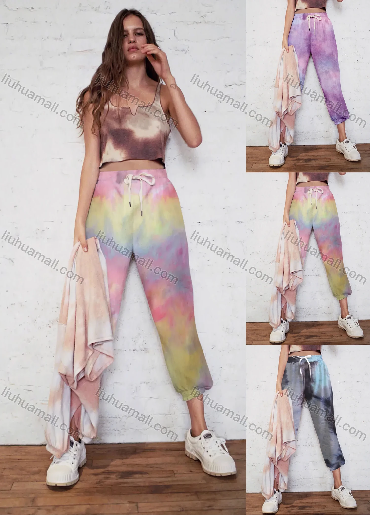 Wholesale Women's Casual Plain Tie Dye Drawstring Capris Joggers - Liuhuamall