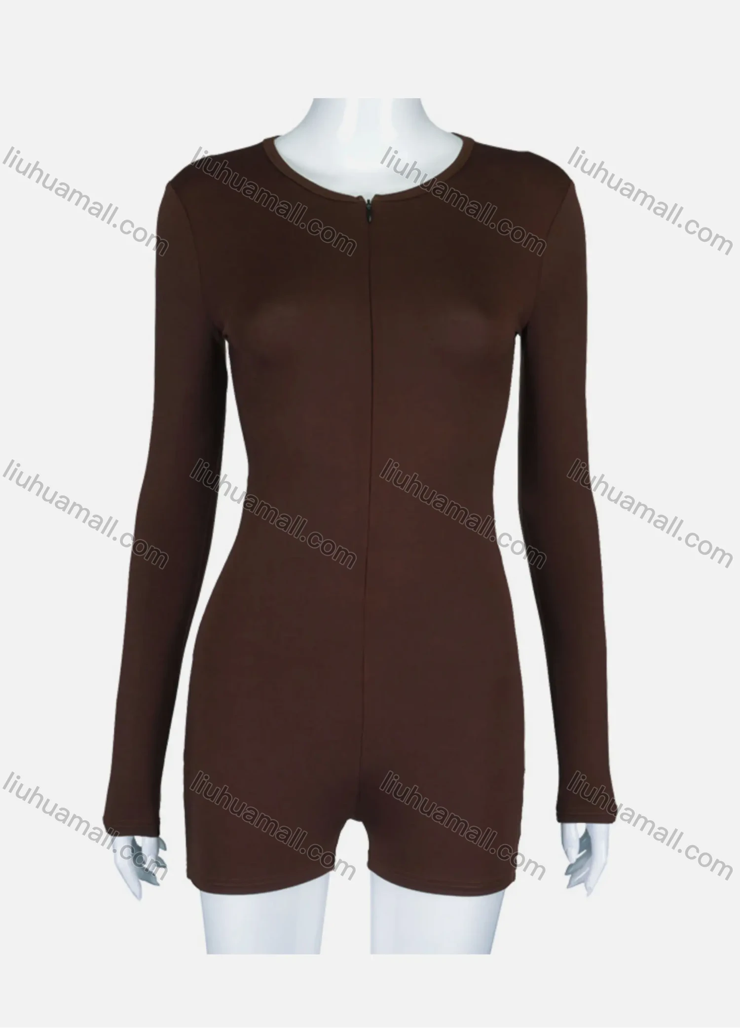 Wholesale Women's Sexy Plain Zip Front Drawstring Back Long Sleeve Hip LIfting Romper - Liuhuamall