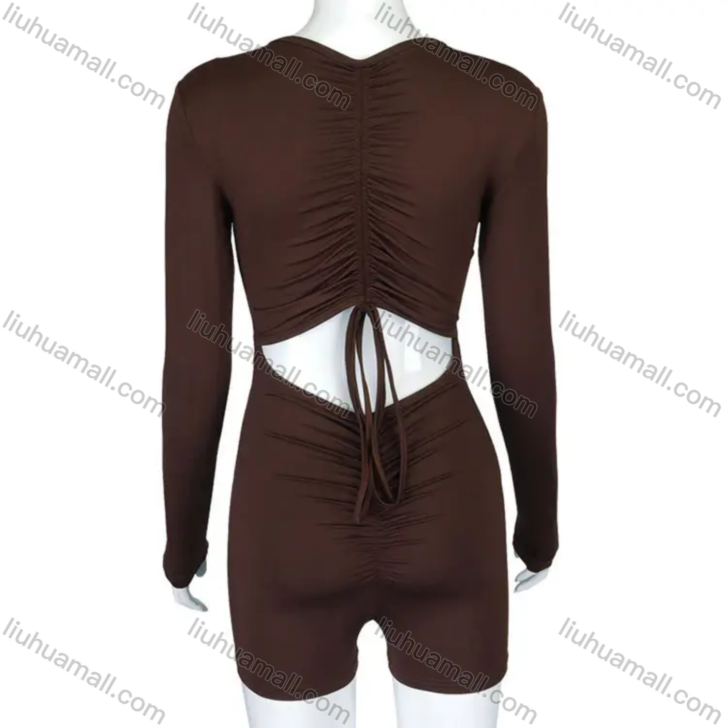 Wholesale Women's Sexy Plain Zip Front Drawstring Back Long Sleeve Hip LIfting Romper - Liuhuamall