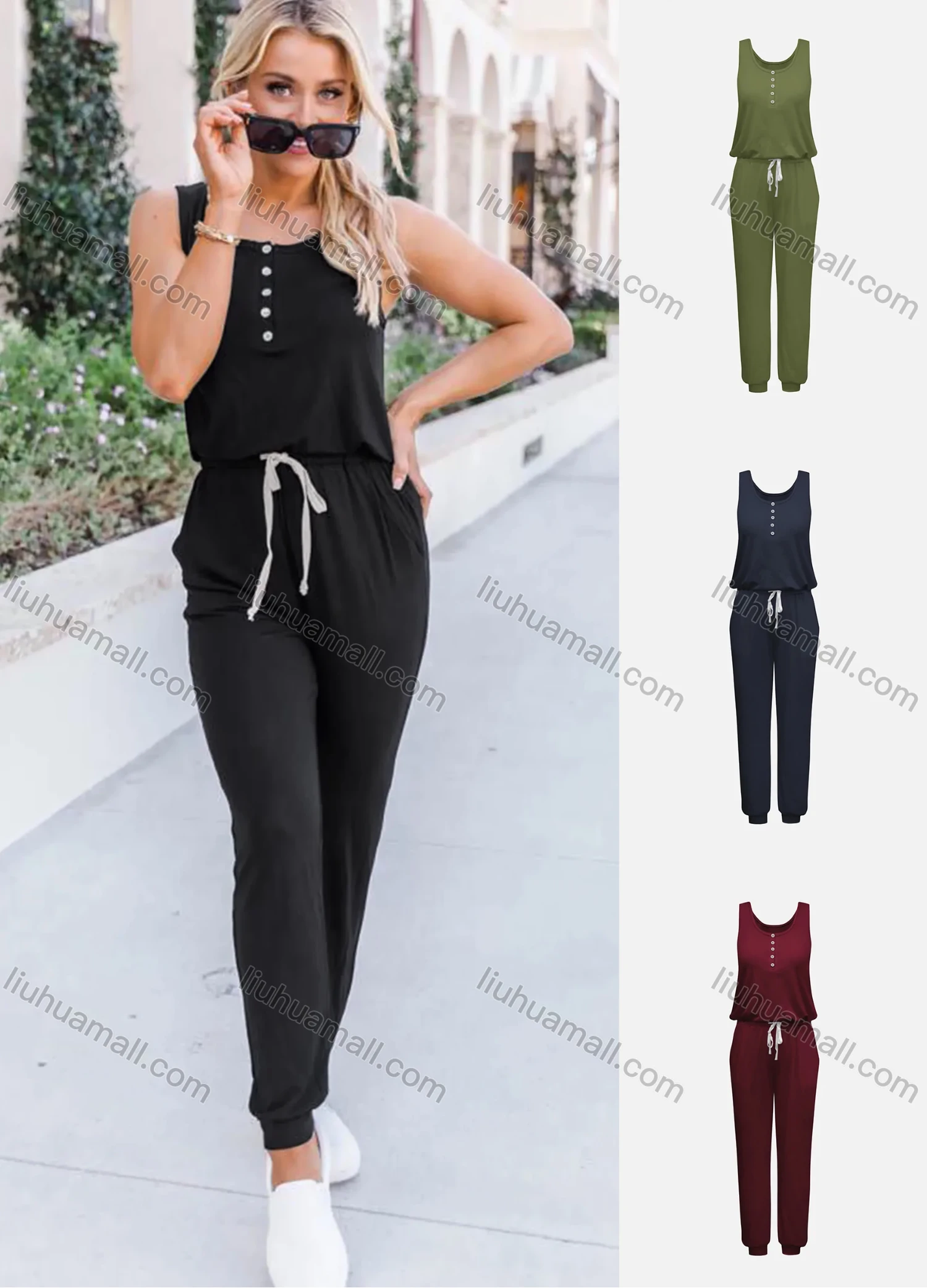 Wholesale Women's Casual Sleeveless Button Front Drawstring Waist Plain Jumpsuits - Liuhuamall
