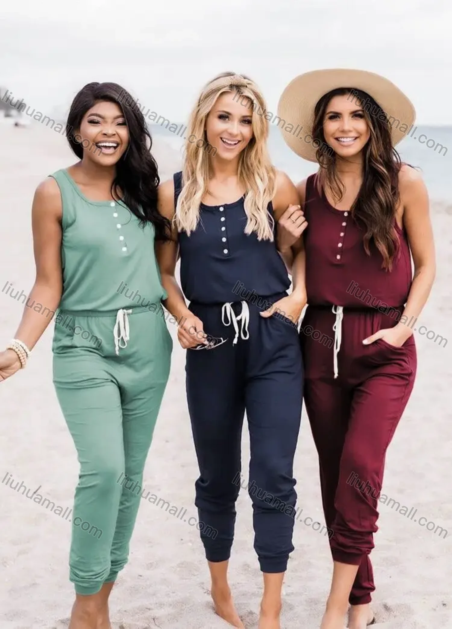 Wholesale Women's Casual Sleeveless Button Front Drawstring Waist Plain Jumpsuits - Liuhuamall