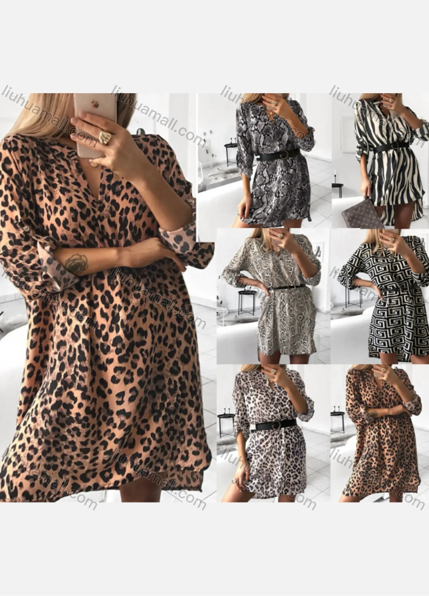 Wholesale Women's Casual Allover Print V Neck 3/4 Sleeve Short Dress With Belt - Liuhuamall