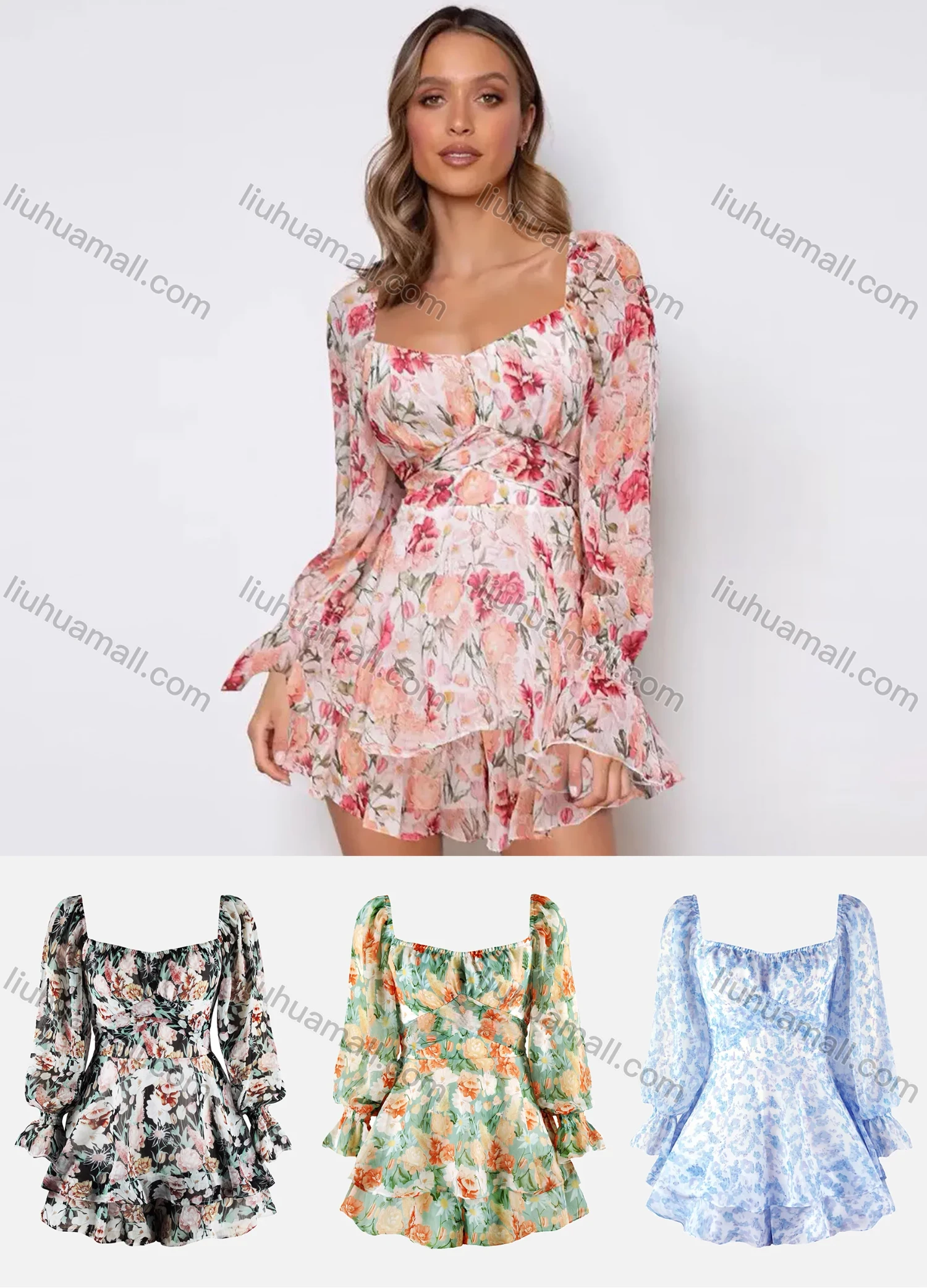 Wholesale Women's Fashion Long Sleeve Sweetheart Neck Floral Print Tiered Hem Romper - Liuhuamall