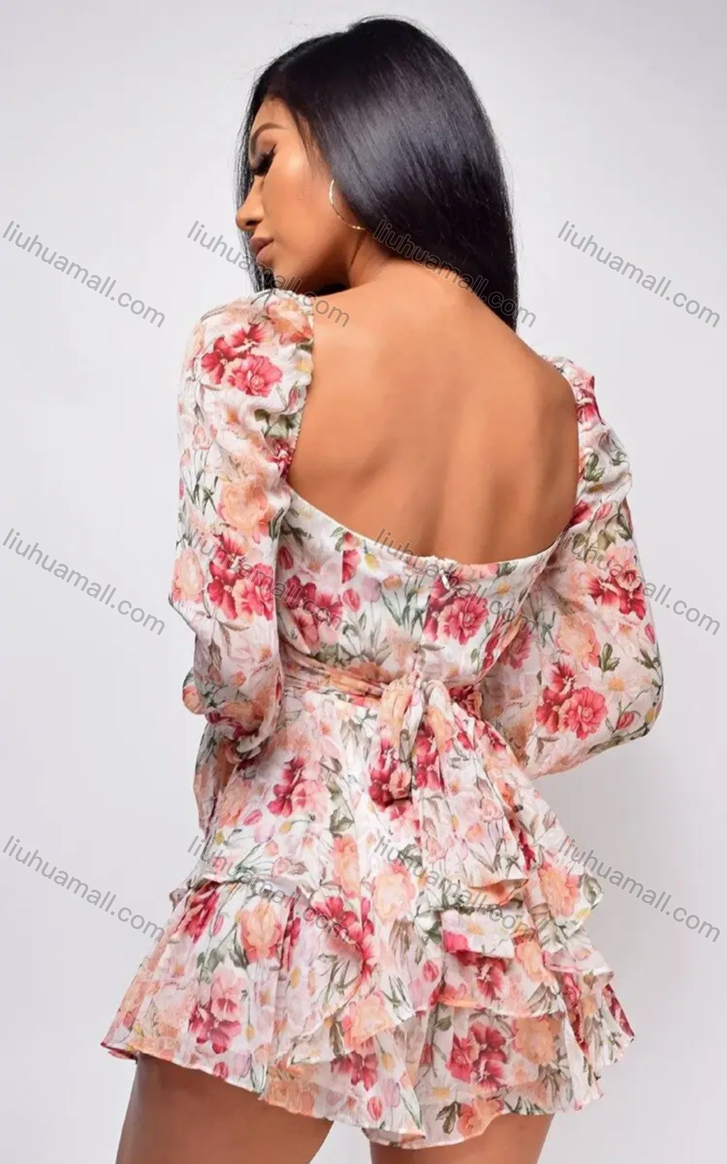 Wholesale Women's Fashion Long Sleeve Sweetheart Neck Floral Print Tiered Hem Romper - Liuhuamall