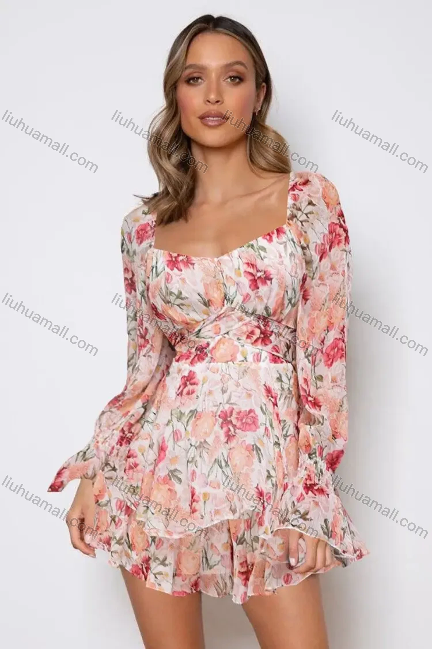 Wholesale Women's Fashion Long Sleeve Sweetheart Neck Floral Print Tiered Hem Romper - Liuhuamall