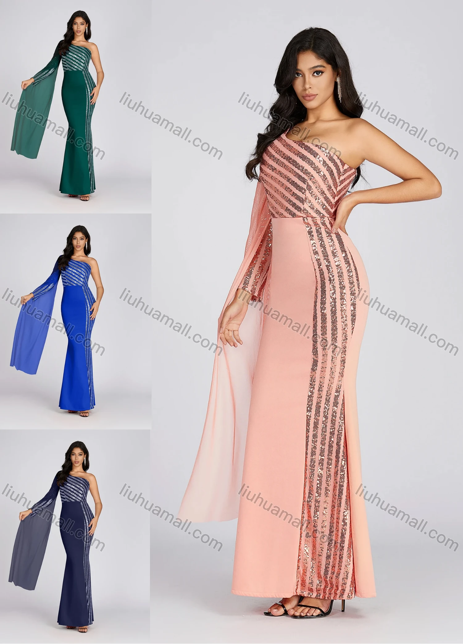 Wholesale Women's One Shoulder Sequin Maxi Evening Dress With Mesh Sleeve - Liuhuamall