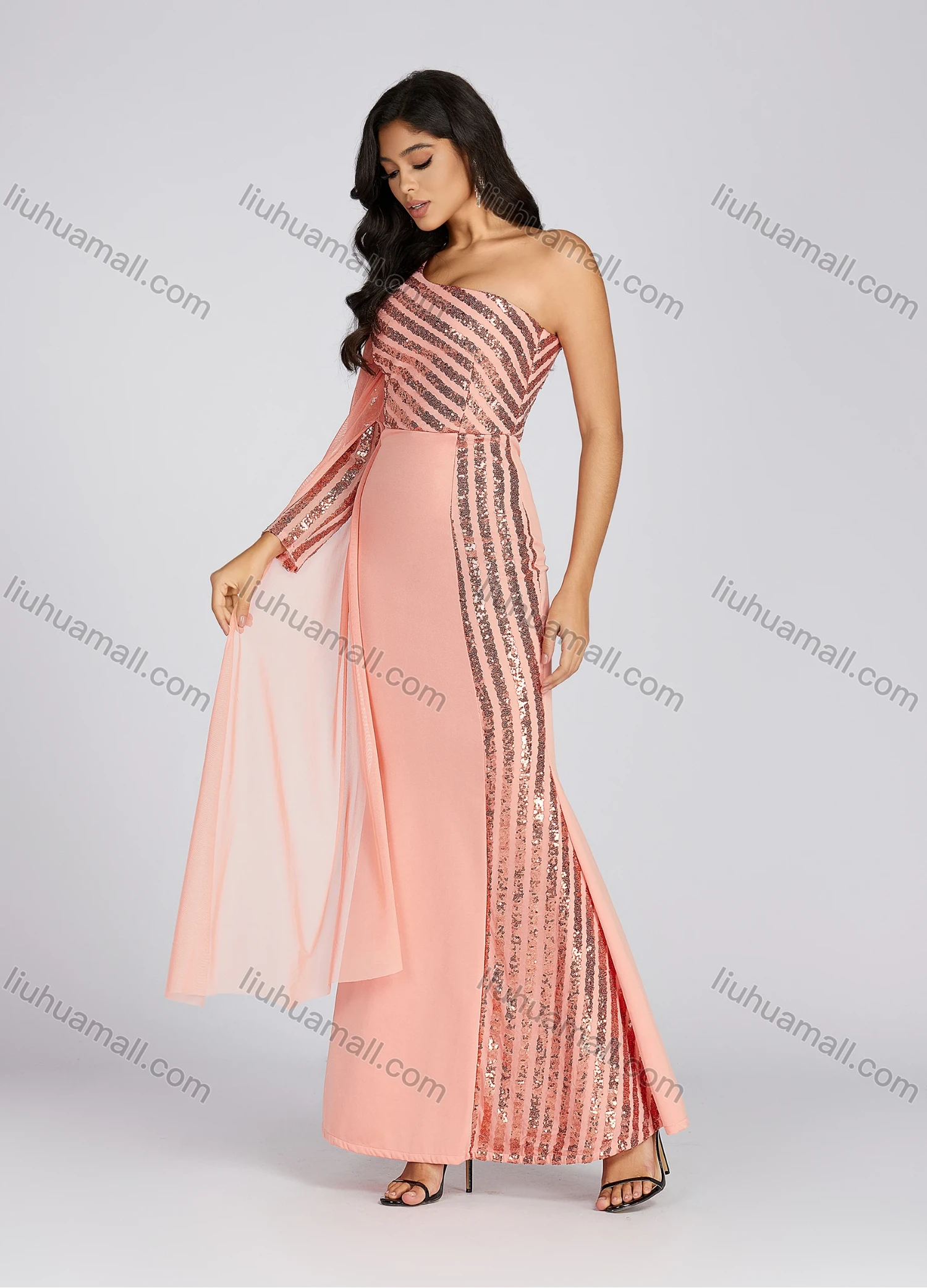 Wholesale Women's One Shoulder Sequin Maxi Evening Dress With Mesh Sleeve - Liuhuamall