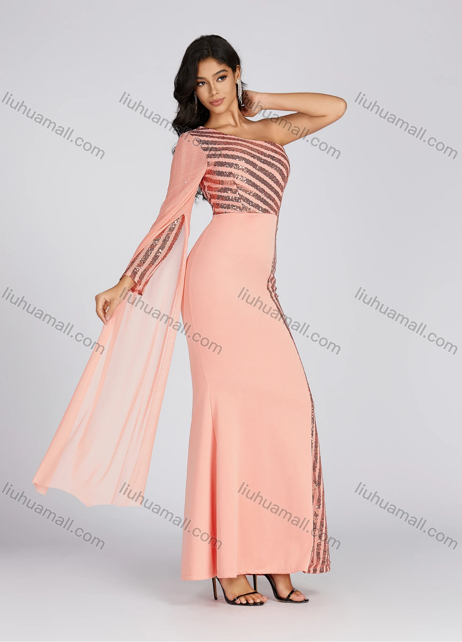 Wholesale Women's One Shoulder Sequin Maxi Evening Dress With Mesh Sleeve - Liuhuamall