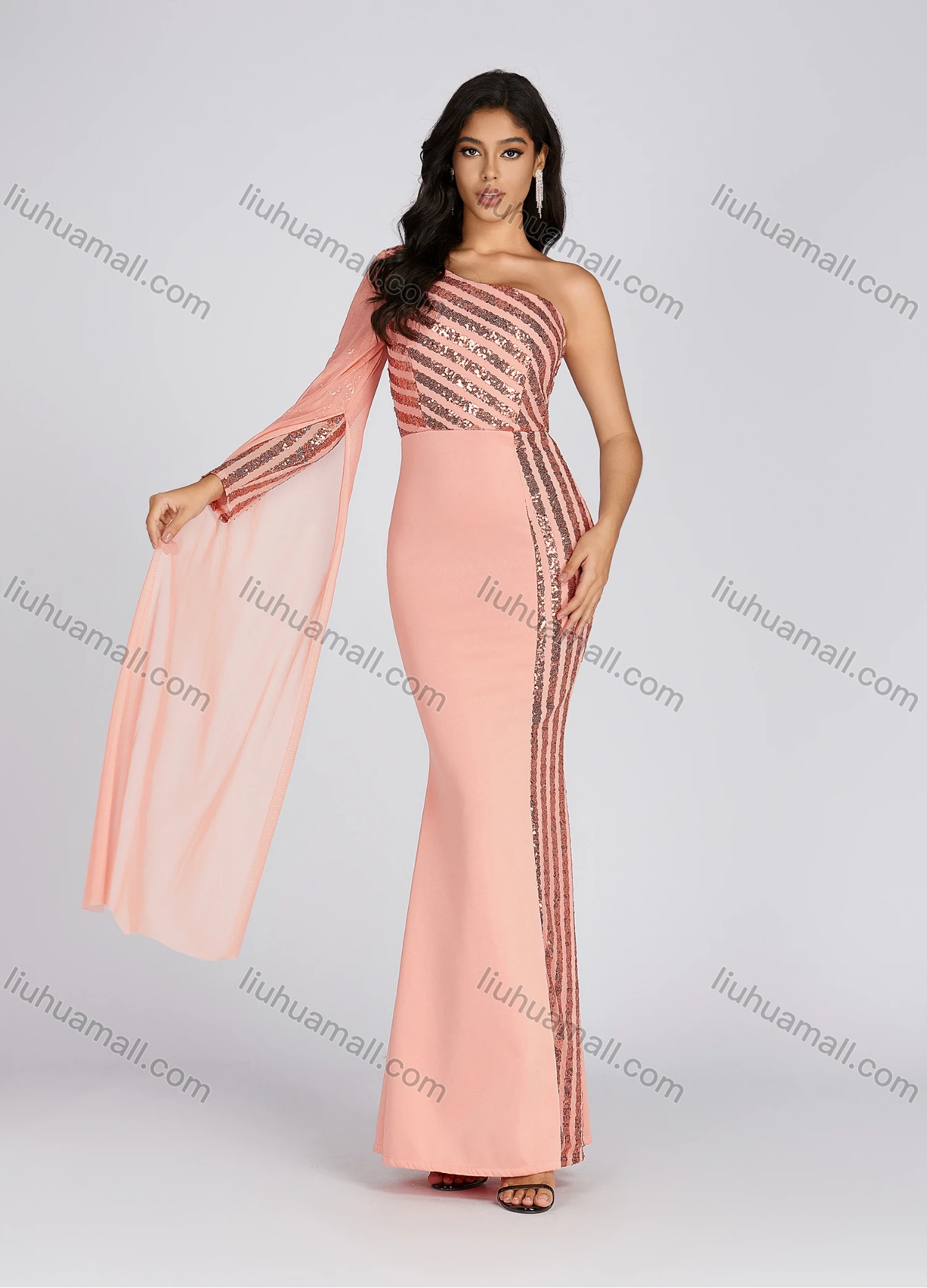 Wholesale Women's One Shoulder Sequin Maxi Evening Dress With Mesh Sleeve - Liuhuamall