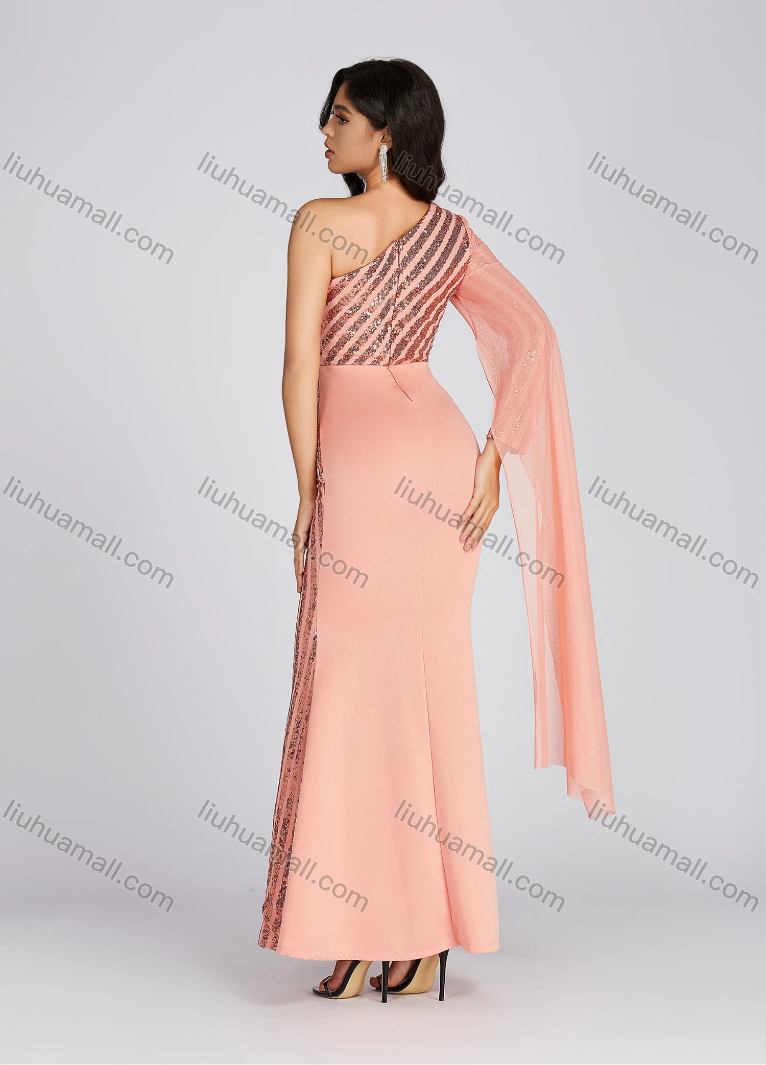 Wholesale Women's One Shoulder Sequin Maxi Evening Dress With Mesh Sleeve - Liuhuamall