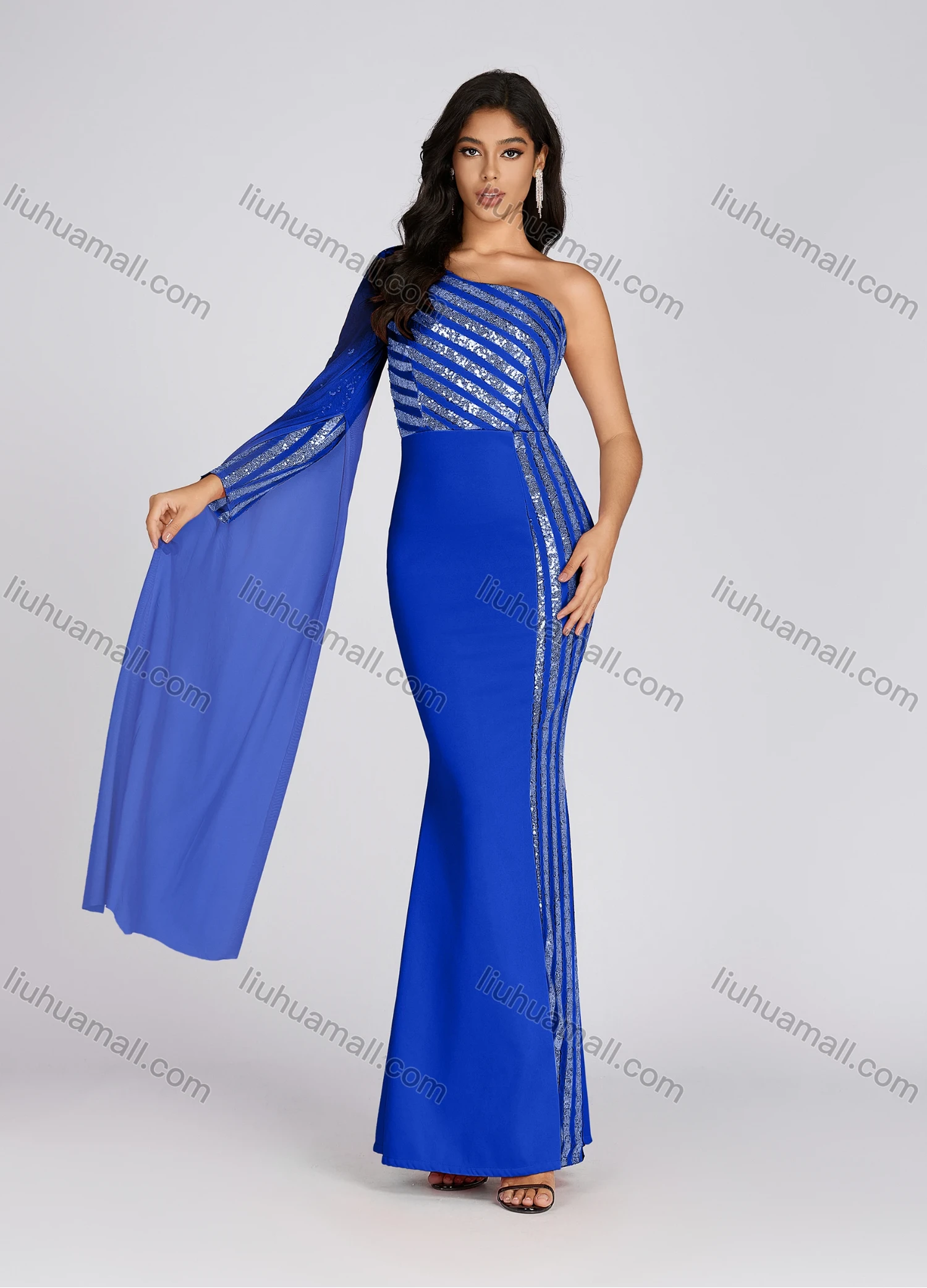 Wholesale Women's One Shoulder Sequin Maxi Evening Dress With Mesh Sleeve - Liuhuamall