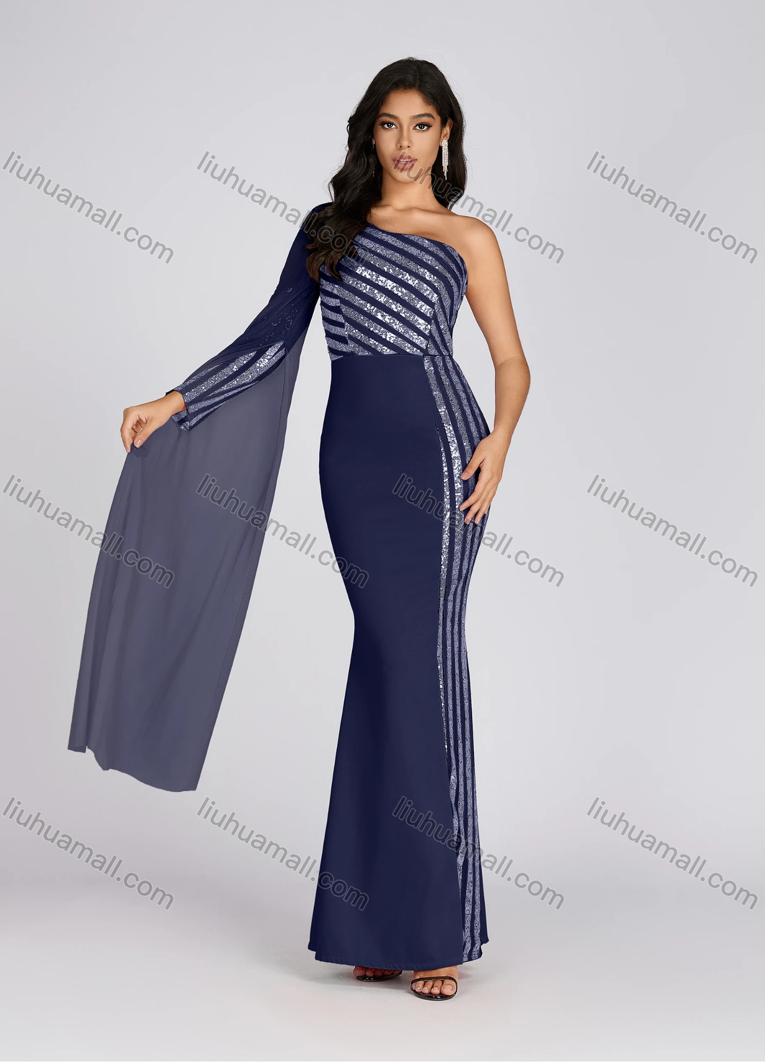 Wholesale Women's One Shoulder Sequin Maxi Evening Dress With Mesh Sleeve - Liuhuamall