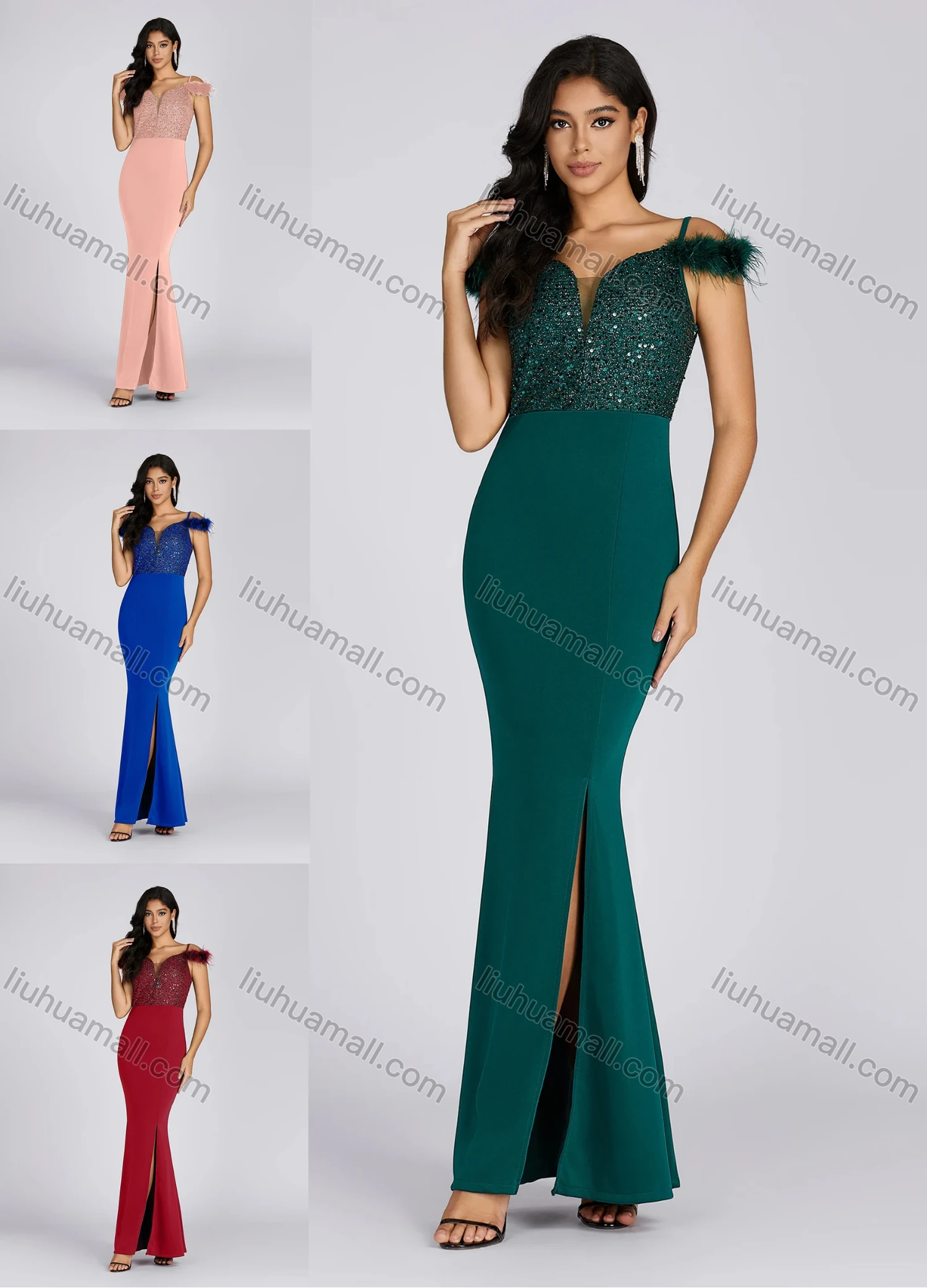Wholesale Women's Elegant V Neck Sequin Feather Trim Side Slit Evening Dress 7005# - Liuhuamall