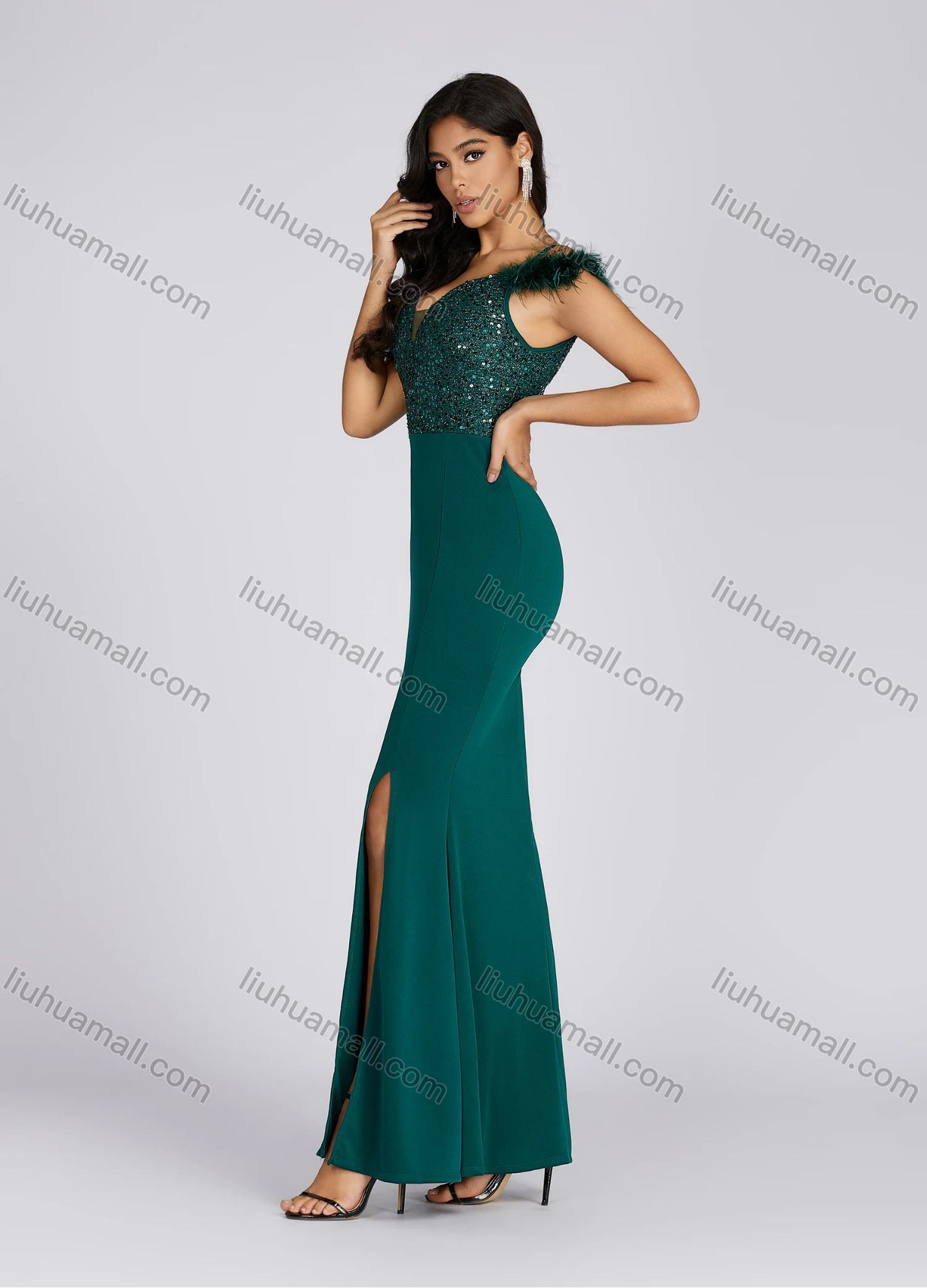 Wholesale Women's Elegant V Neck Sequin Feather Trim Side Slit Evening Dress 7005# - Liuhuamall