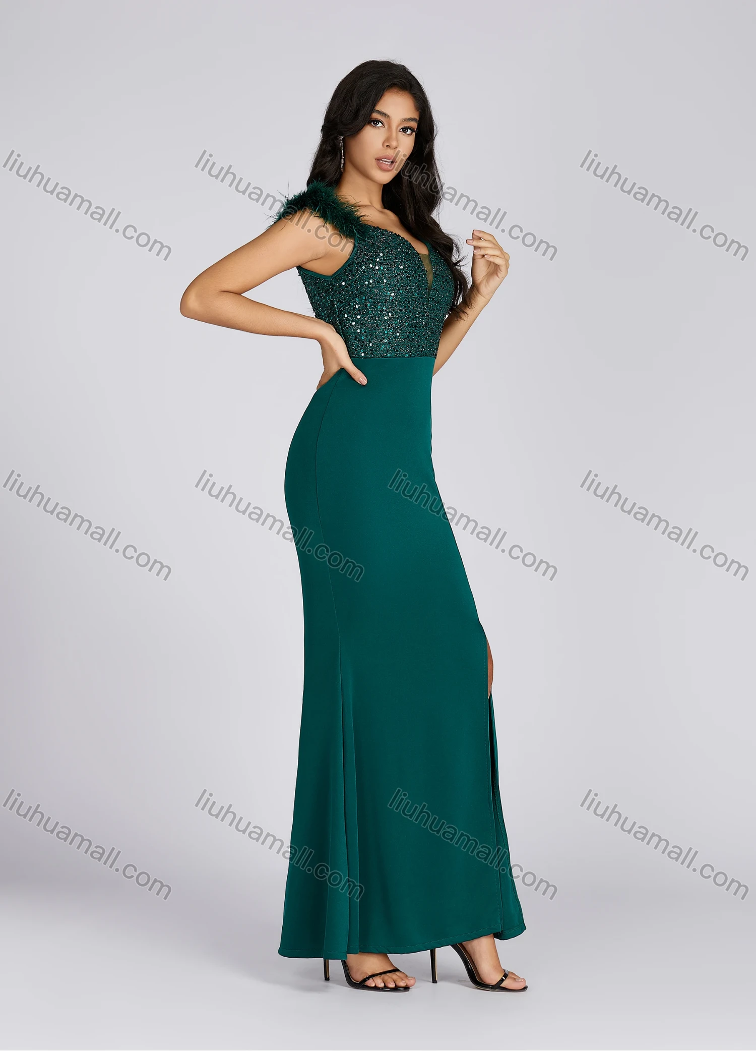 Wholesale Women's Elegant V Neck Sequin Feather Trim Side Slit Evening Dress 7005# - Liuhuamall