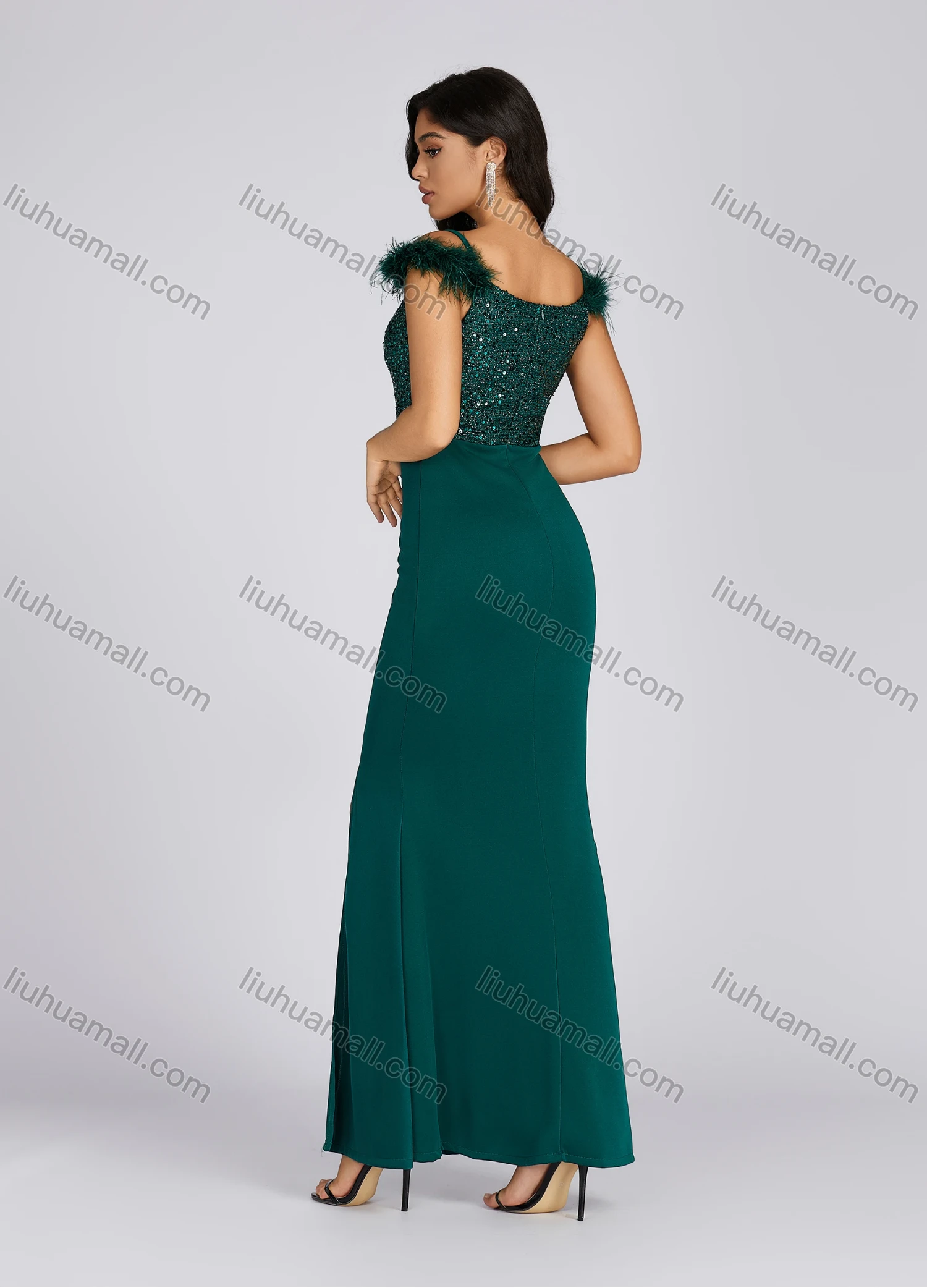 Wholesale Women's Elegant V Neck Sequin Feather Trim Side Slit Evening Dress 7005# - Liuhuamall