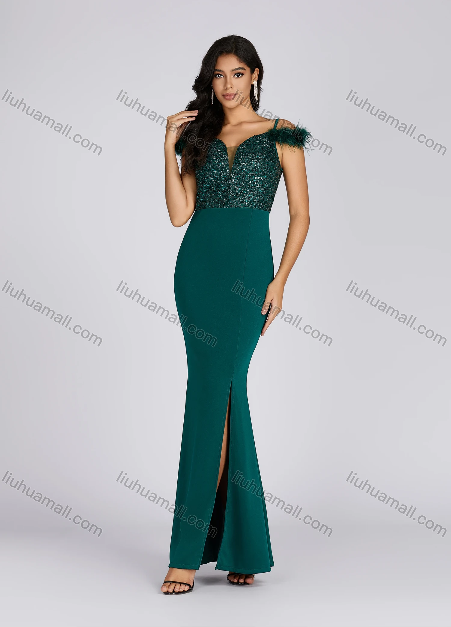 Wholesale Women's Elegant V Neck Sequin Feather Trim Side Slit Evening Dress 7005# - Liuhuamall