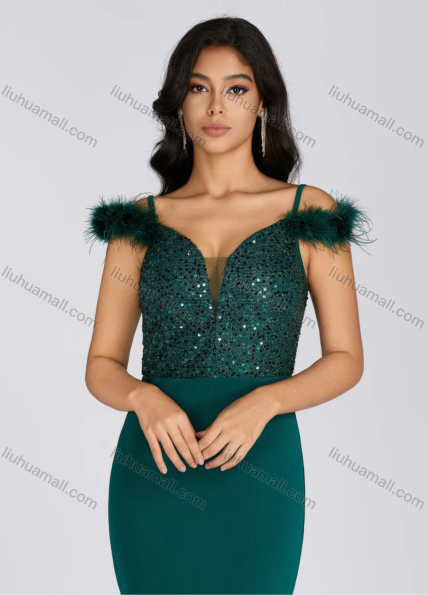 Wholesale Women's Elegant V Neck Sequin Feather Trim Side Slit Evening Dress 7005# - Liuhuamall