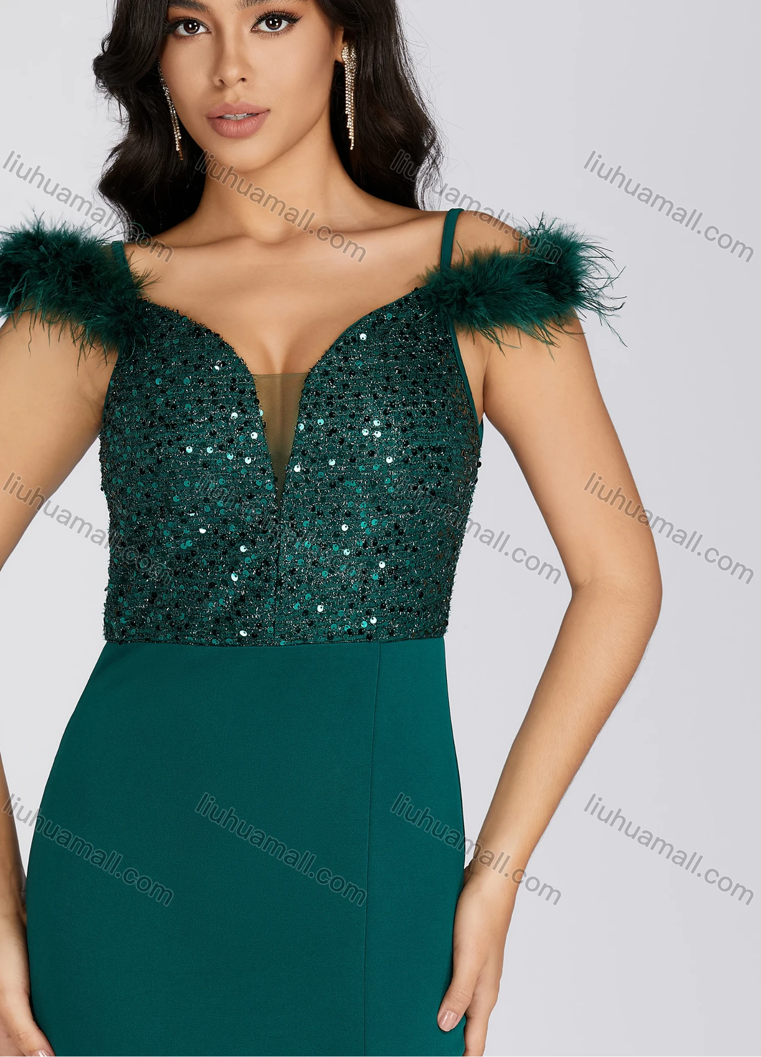 Wholesale Women's Elegant V Neck Sequin Feather Trim Side Slit Evening Dress 7005# - Liuhuamall