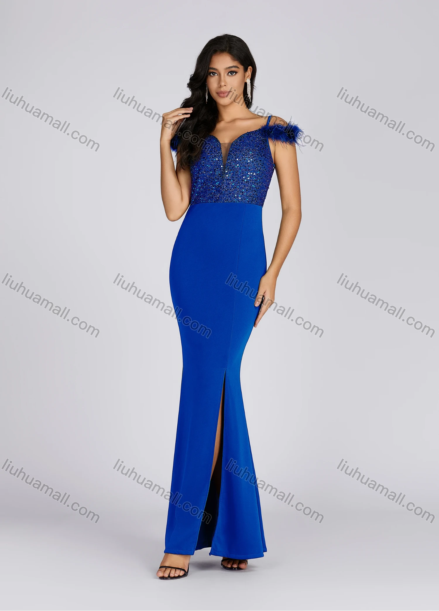 Wholesale Women's Elegant V Neck Sequin Feather Trim Side Slit Evening Dress 7005# - Liuhuamall