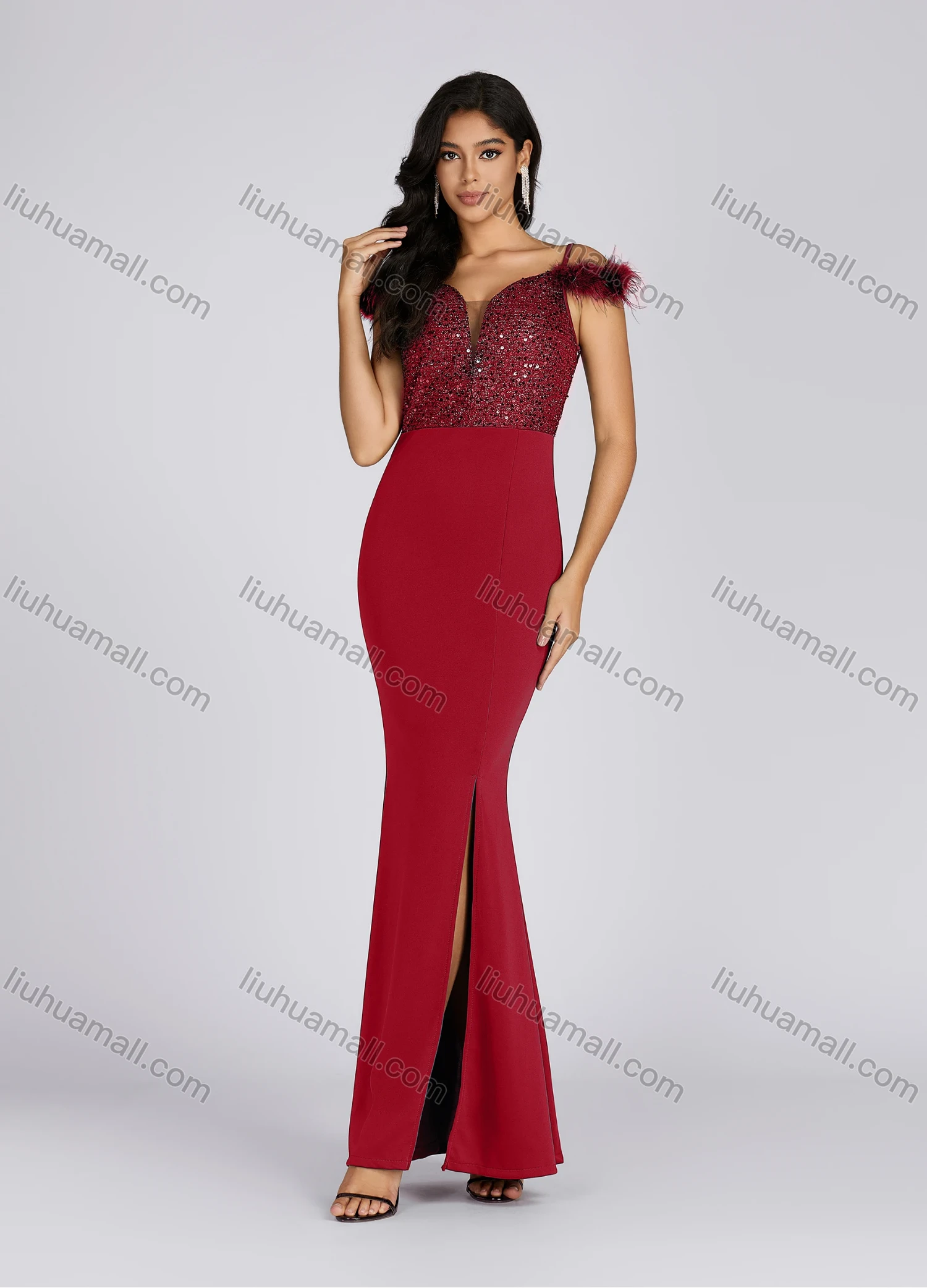 Wholesale Women's Elegant V Neck Sequin Feather Trim Side Slit Evening Dress 7005# - Liuhuamall