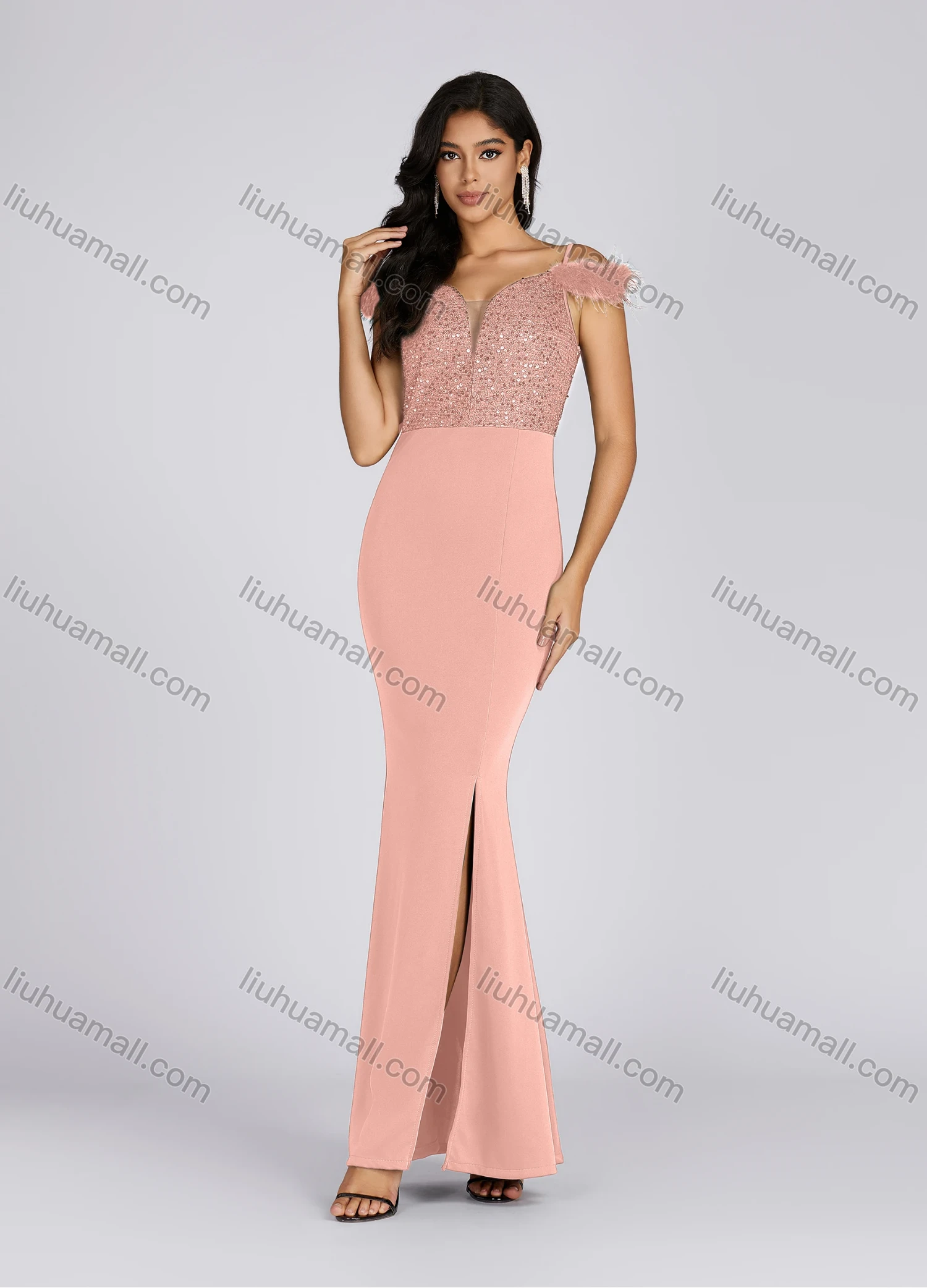 Wholesale Women's Elegant V Neck Sequin Feather Trim Side Slit Evening Dress 7005# - Liuhuamall