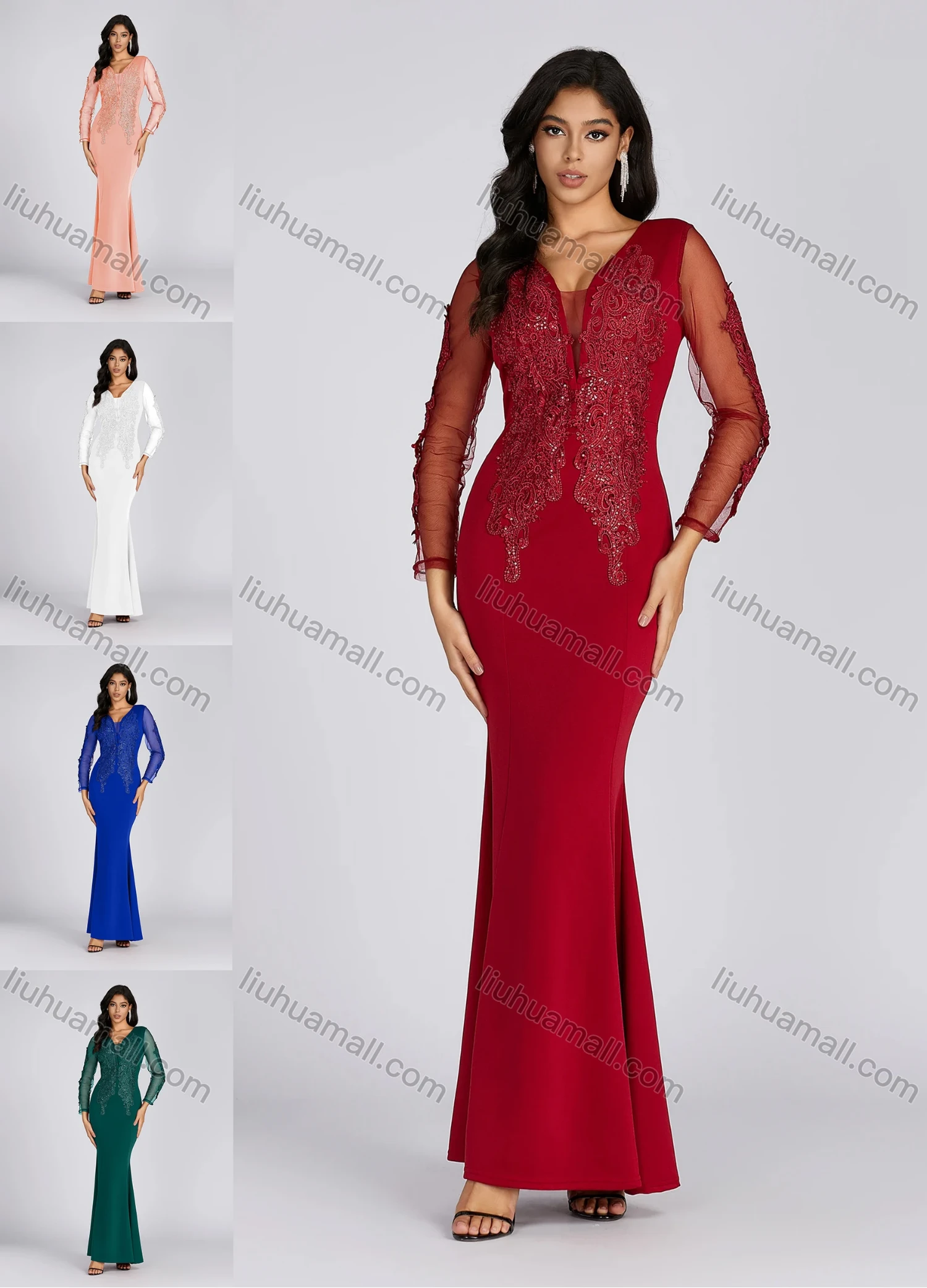 Wholesale Women's Elegant Deep V Neck Sequin Applique Mermaid Evening Dress 5019# - Liuhuamall