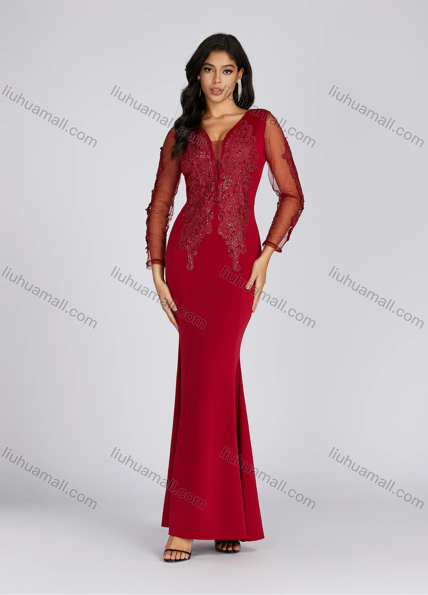 Wholesale Women's Elegant Deep V Neck Sequin Applique Mermaid Evening Dress 5019# - Liuhuamall