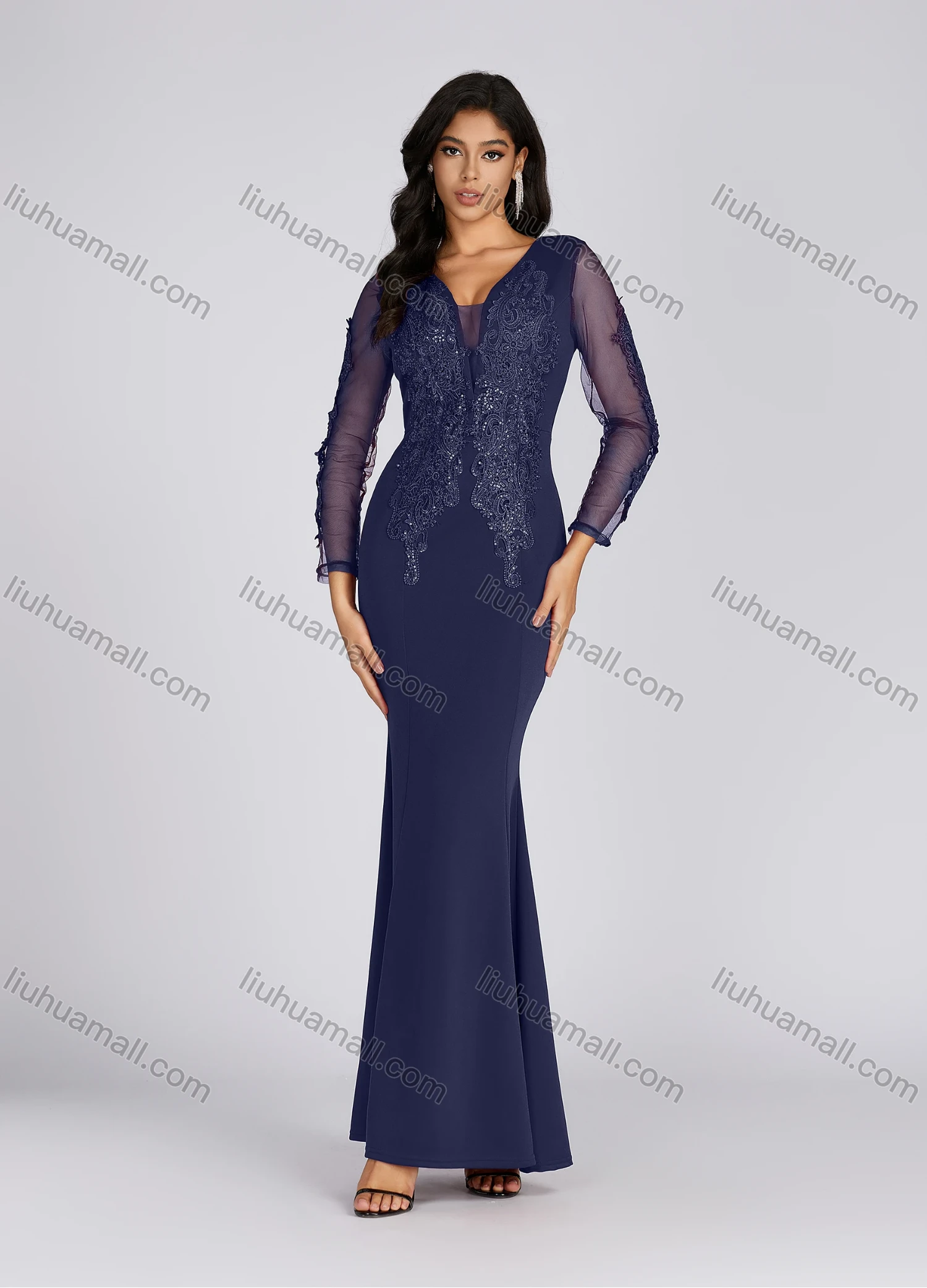 Wholesale Women's Elegant Deep V Neck Sequin Applique Mermaid Evening Dress 5019# - Liuhuamall