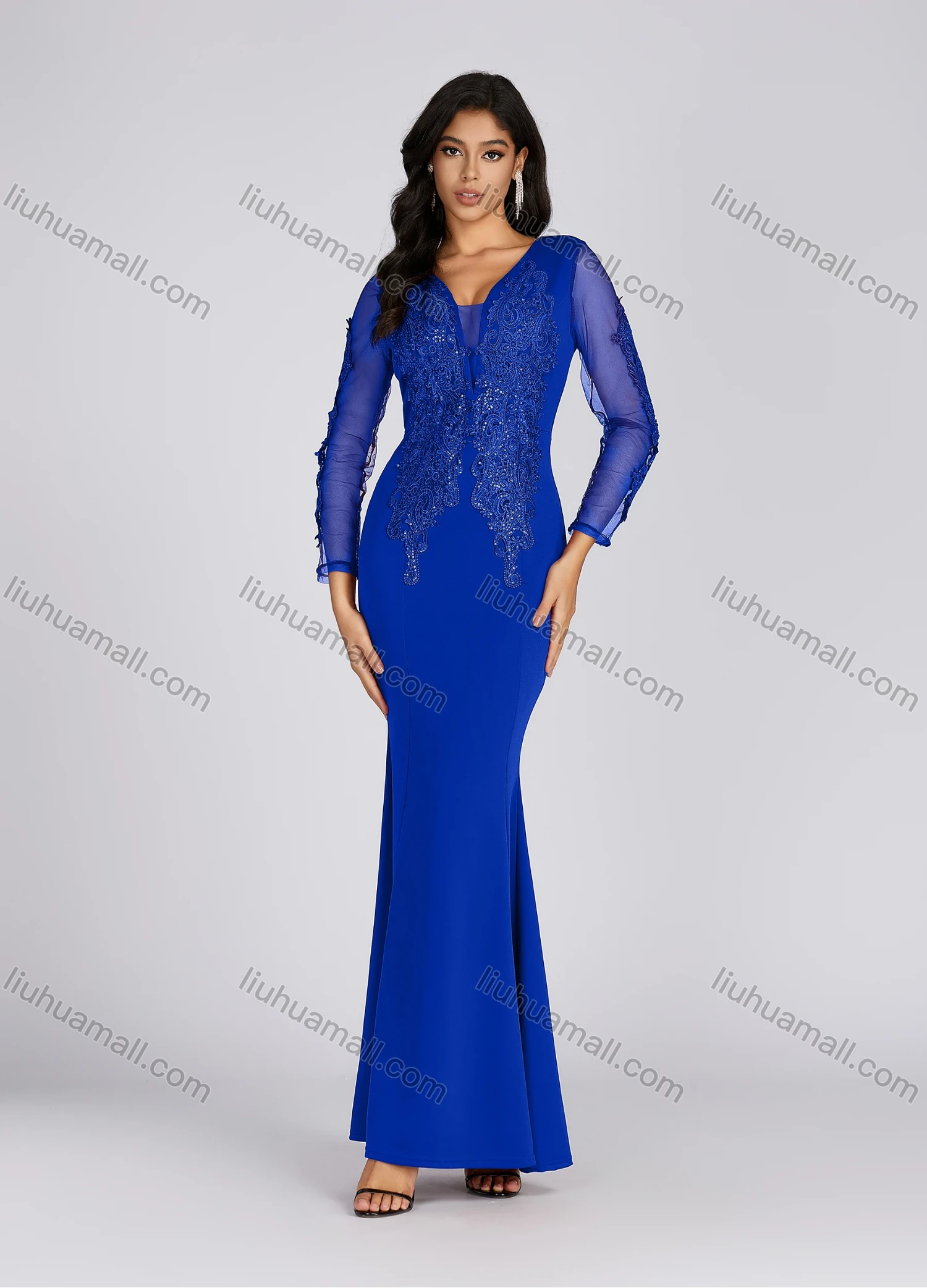 Wholesale Women's Elegant Deep V Neck Sequin Applique Mermaid Evening Dress 5019# - Liuhuamall