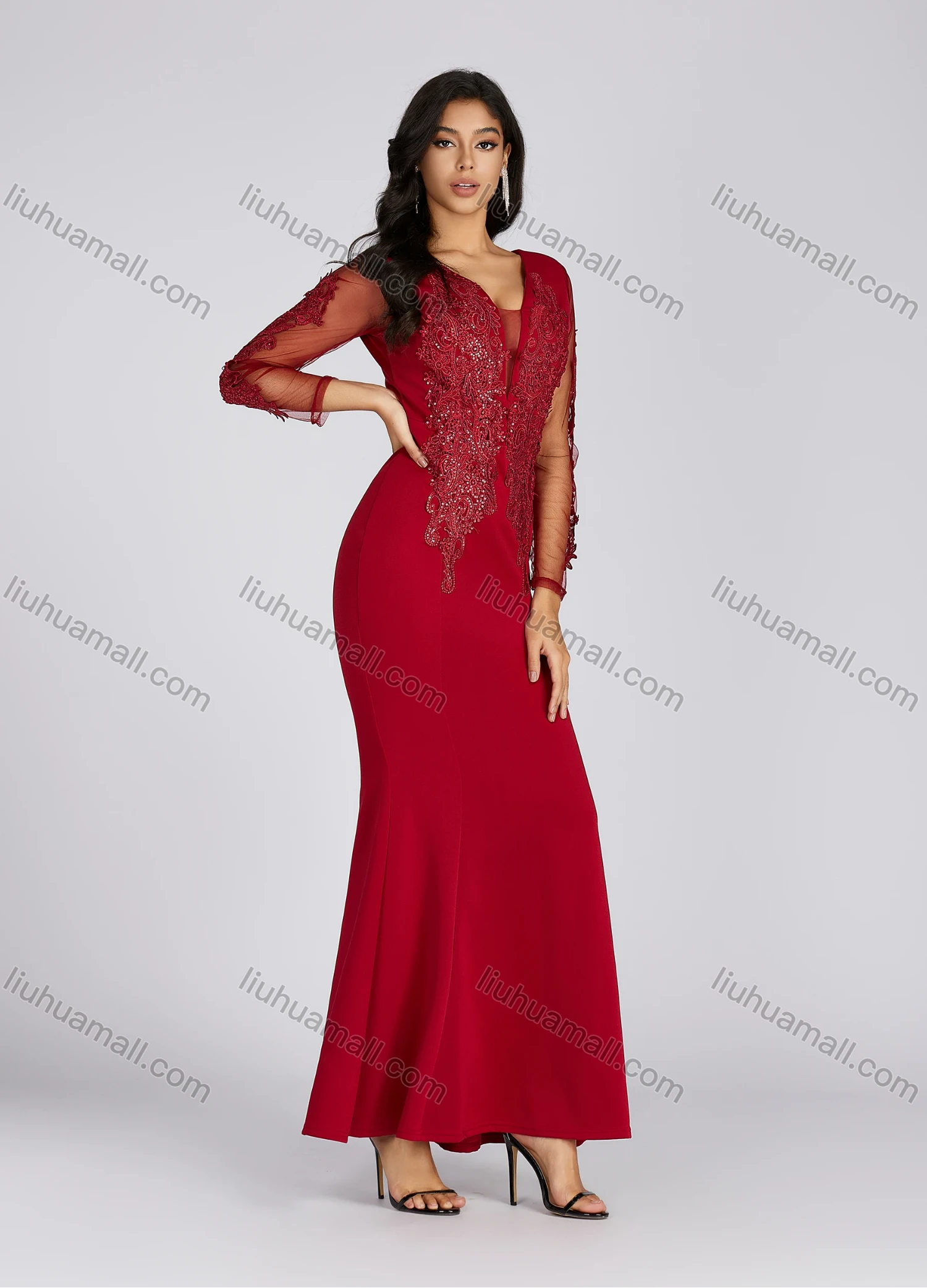 Wholesale Women's Elegant Deep V Neck Sequin Applique Mermaid Evening Dress 5019# - Liuhuamall