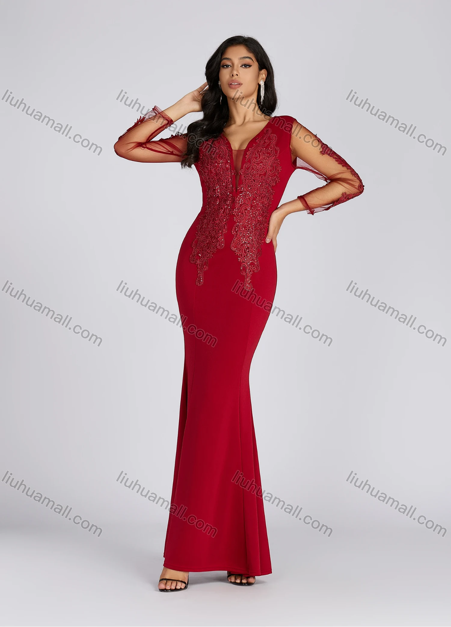 Wholesale Women's Elegant Deep V Neck Sequin Applique Mermaid Evening Dress 5019# - Liuhuamall