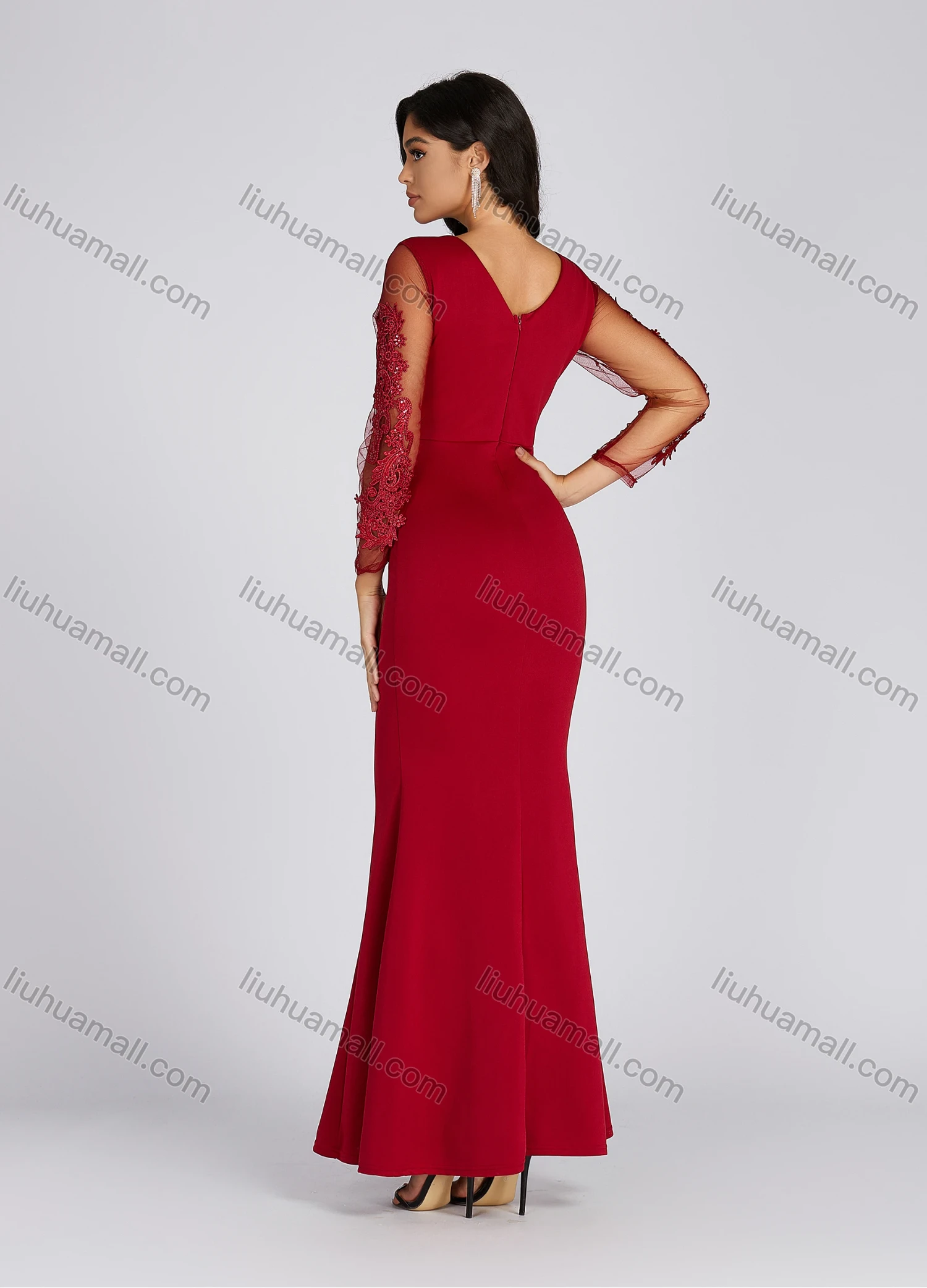 Wholesale Women's Elegant Deep V Neck Sequin Applique Mermaid Evening Dress 5019# - Liuhuamall