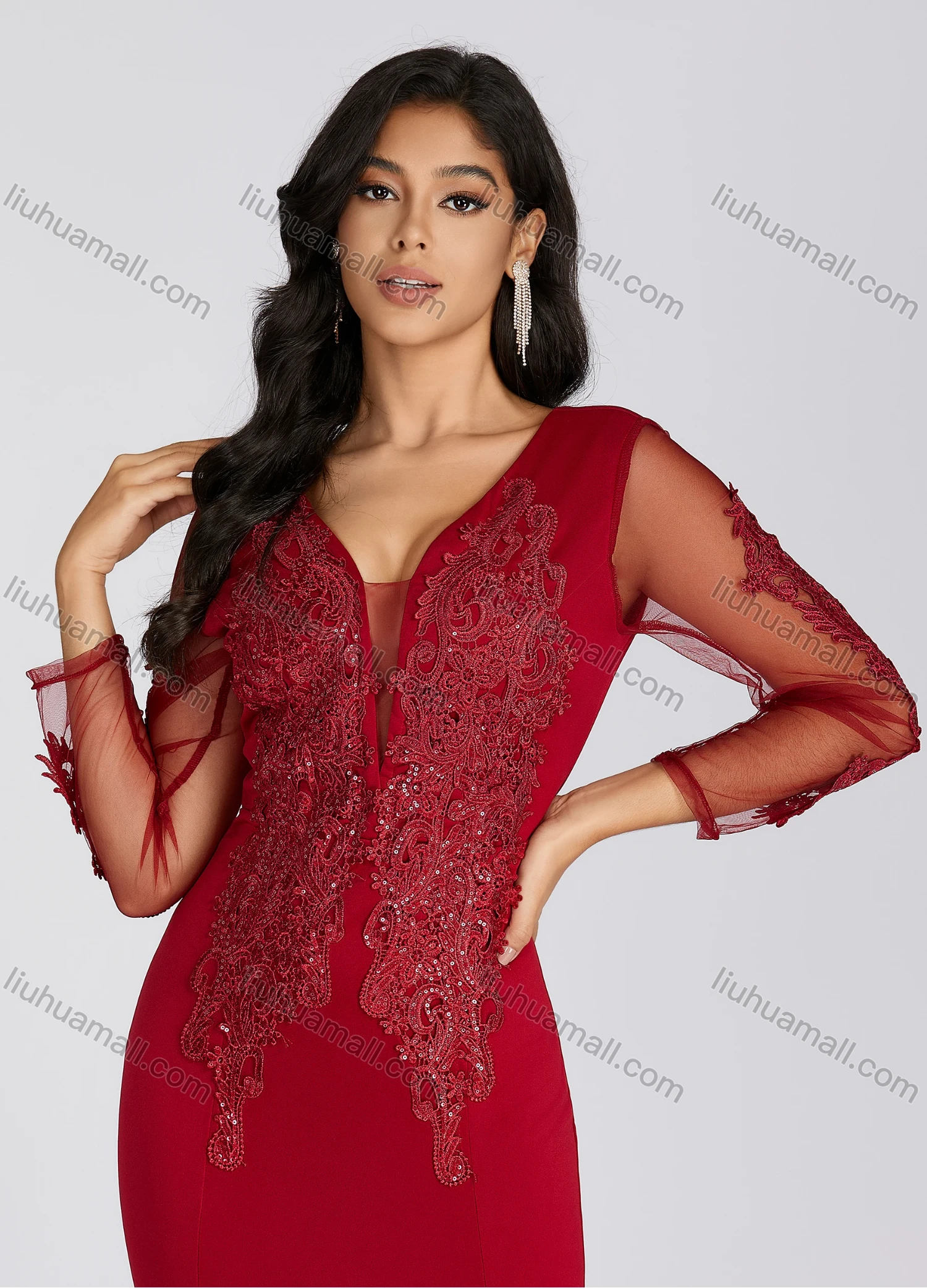 Wholesale Women's Elegant Deep V Neck Sequin Applique Mermaid Evening Dress 5019# - Liuhuamall