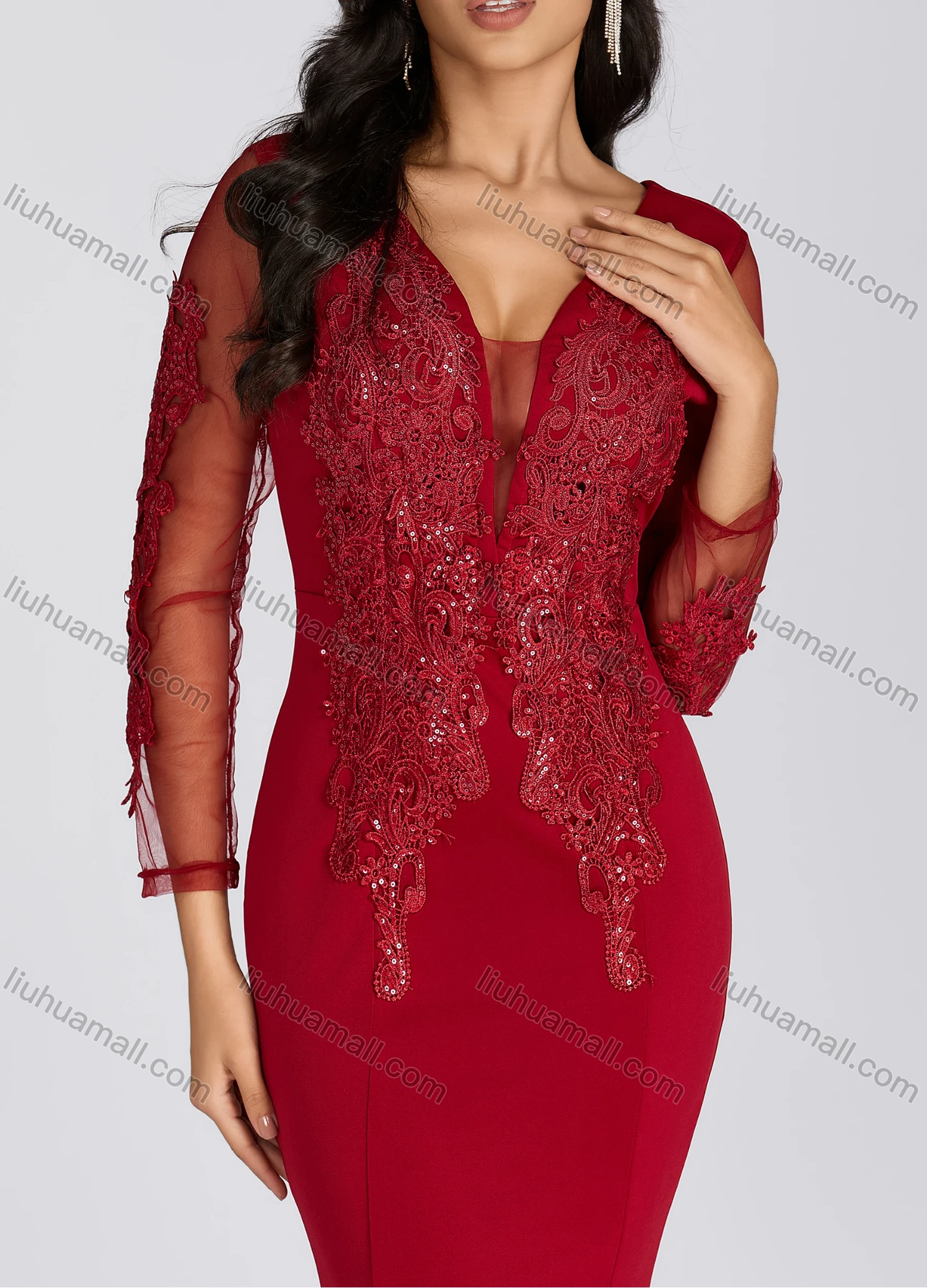 Wholesale Women's Elegant Deep V Neck Sequin Applique Mermaid Evening Dress 5019# - Liuhuamall