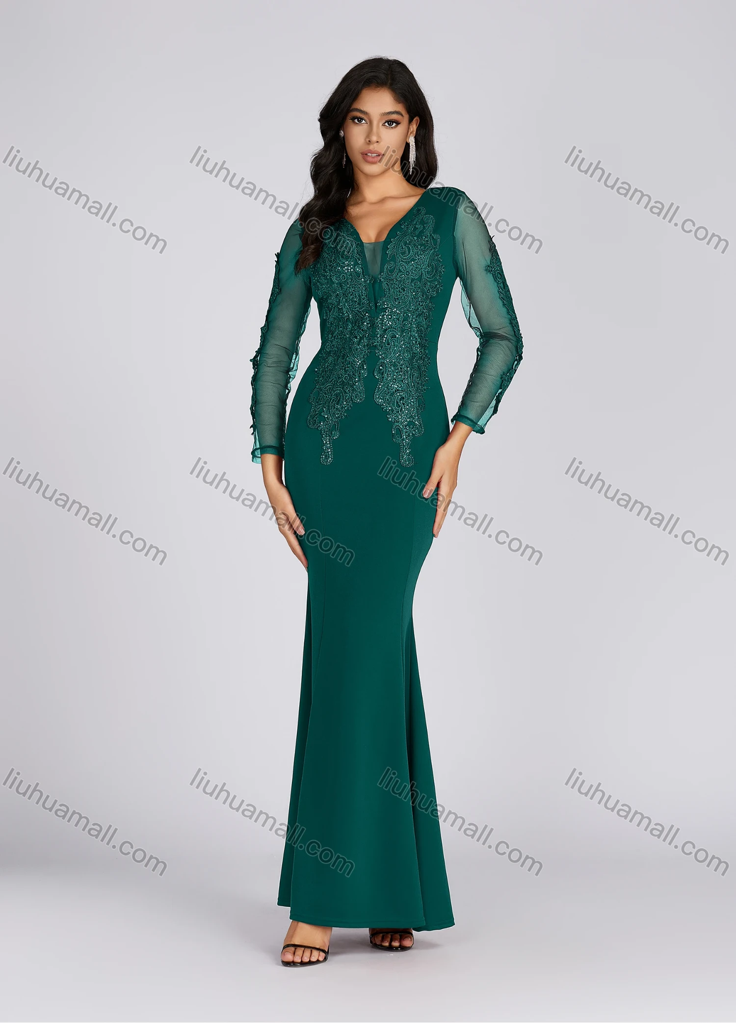 Wholesale Women's Elegant Deep V Neck Sequin Applique Mermaid Evening Dress 5019# - Liuhuamall