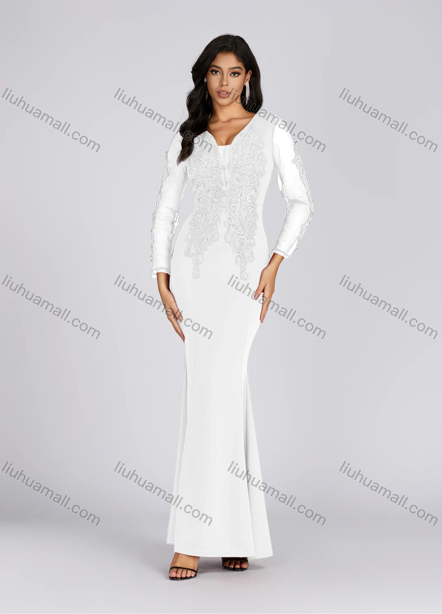 Wholesale Women's Elegant Deep V Neck Sequin Applique Mermaid Evening Dress 5019# - Liuhuamall