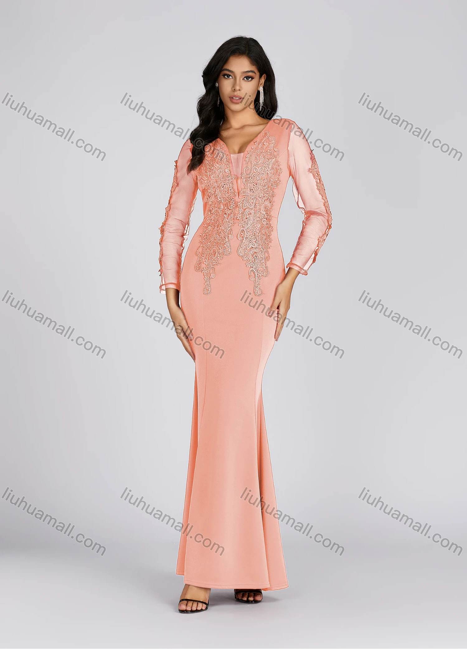 Wholesale Women's Elegant Deep V Neck Sequin Applique Mermaid Evening Dress 5019# - Liuhuamall