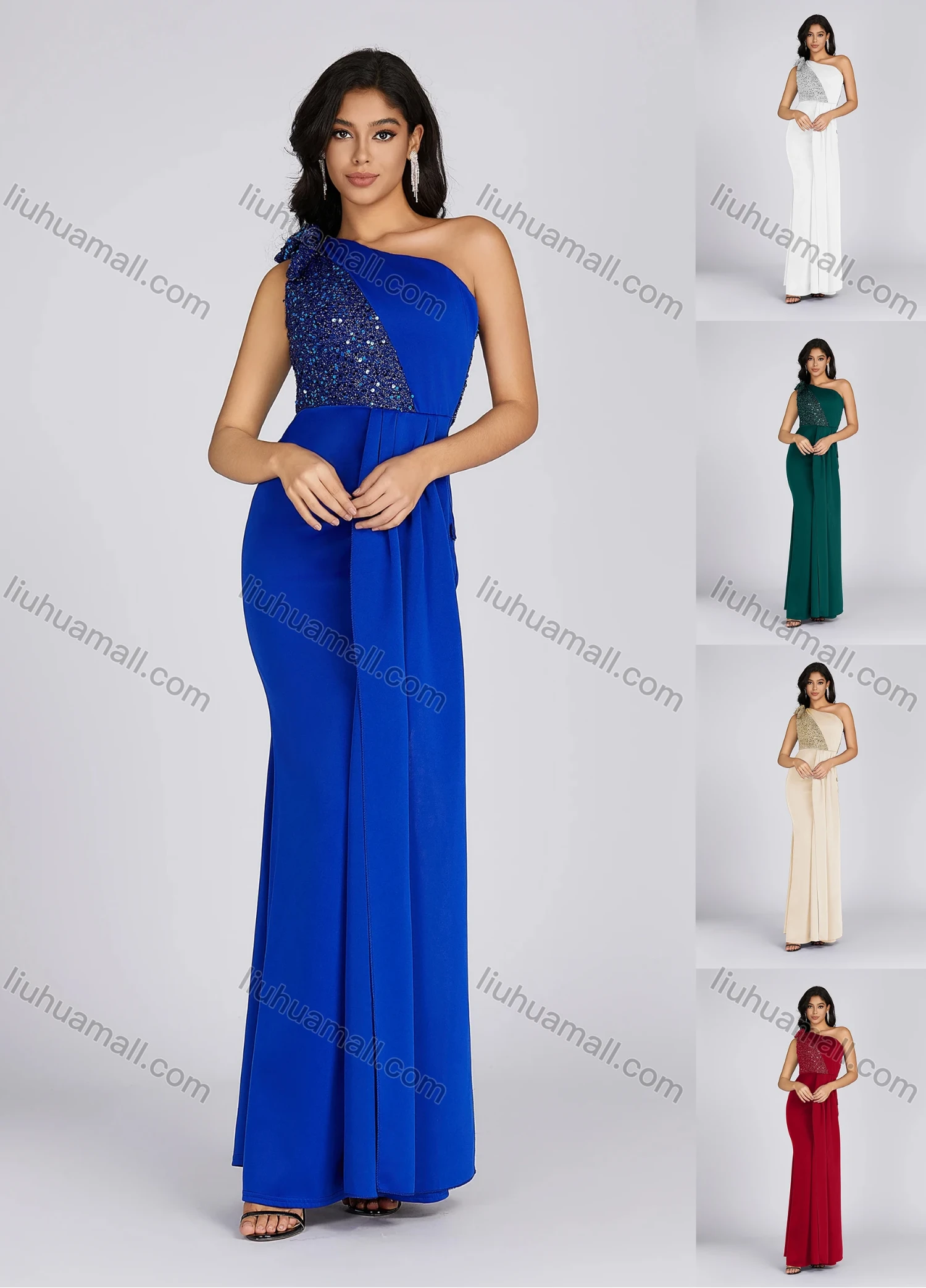 Wholesale Women's Elegant Asymmetrical Neck Sequin Tiered Evening Dress 5065# - Liuhuamall
