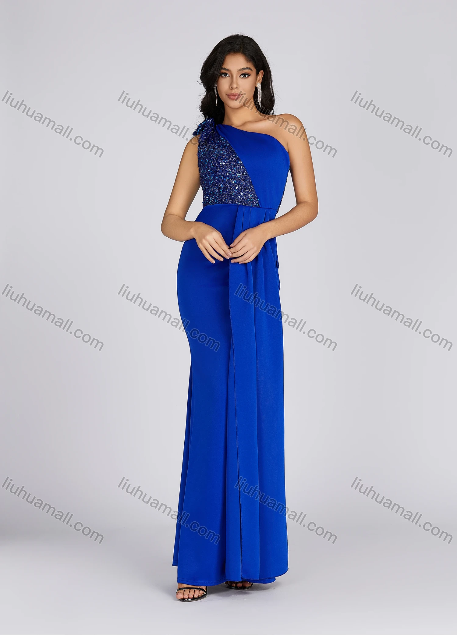 Wholesale Women's Elegant Asymmetrical Neck Sequin Tiered Evening Dress 5065# - Liuhuamall