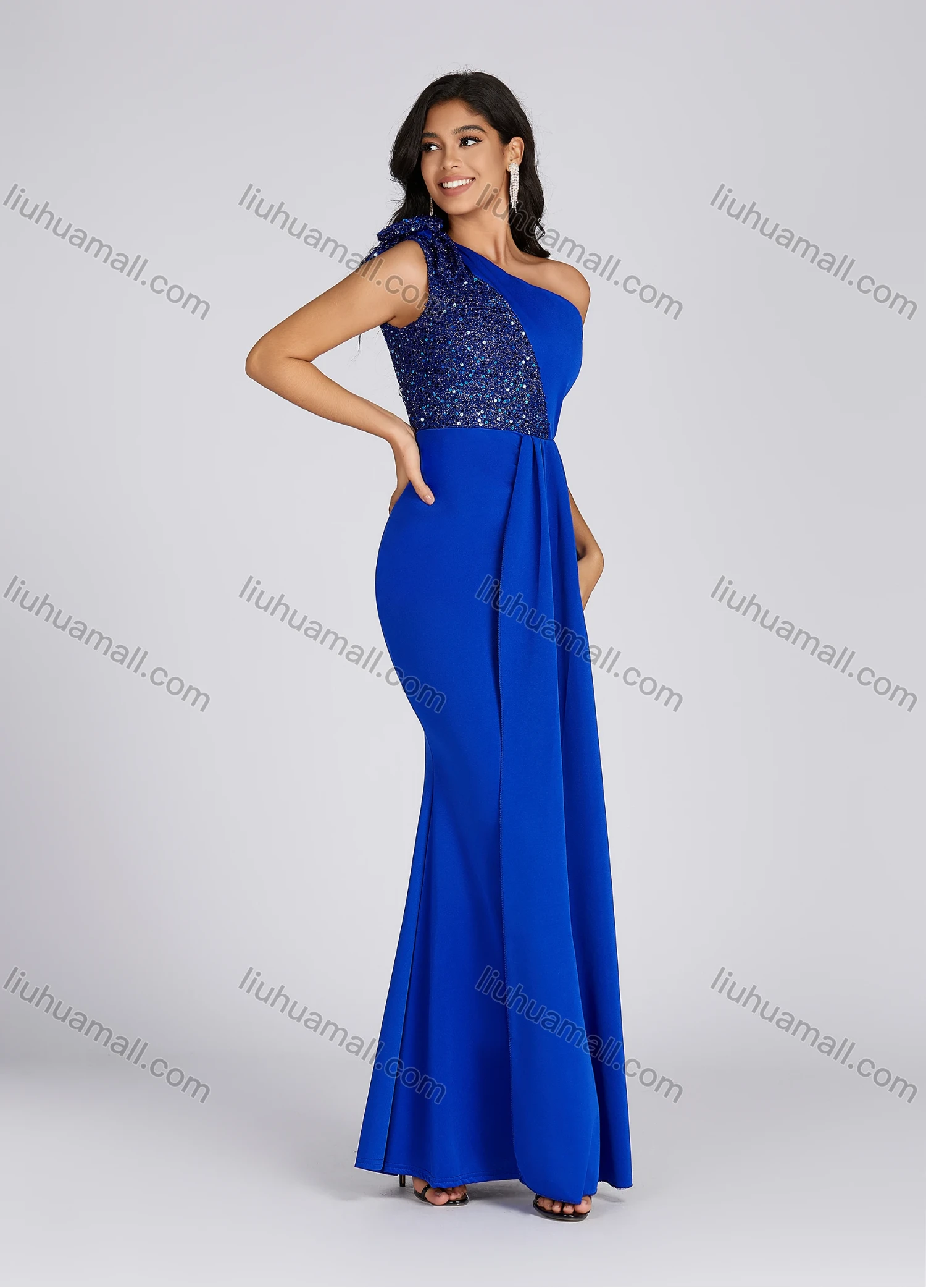 Wholesale Women's Elegant Asymmetrical Neck Sequin Tiered Evening Dress 5065# - Liuhuamall