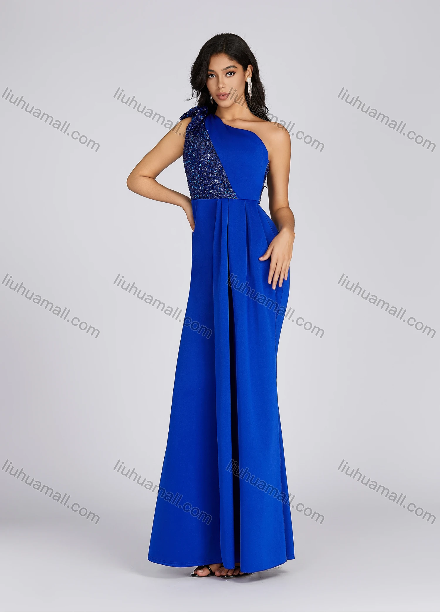 Wholesale Women's Elegant Asymmetrical Neck Sequin Tiered Evening Dress 5065# - Liuhuamall