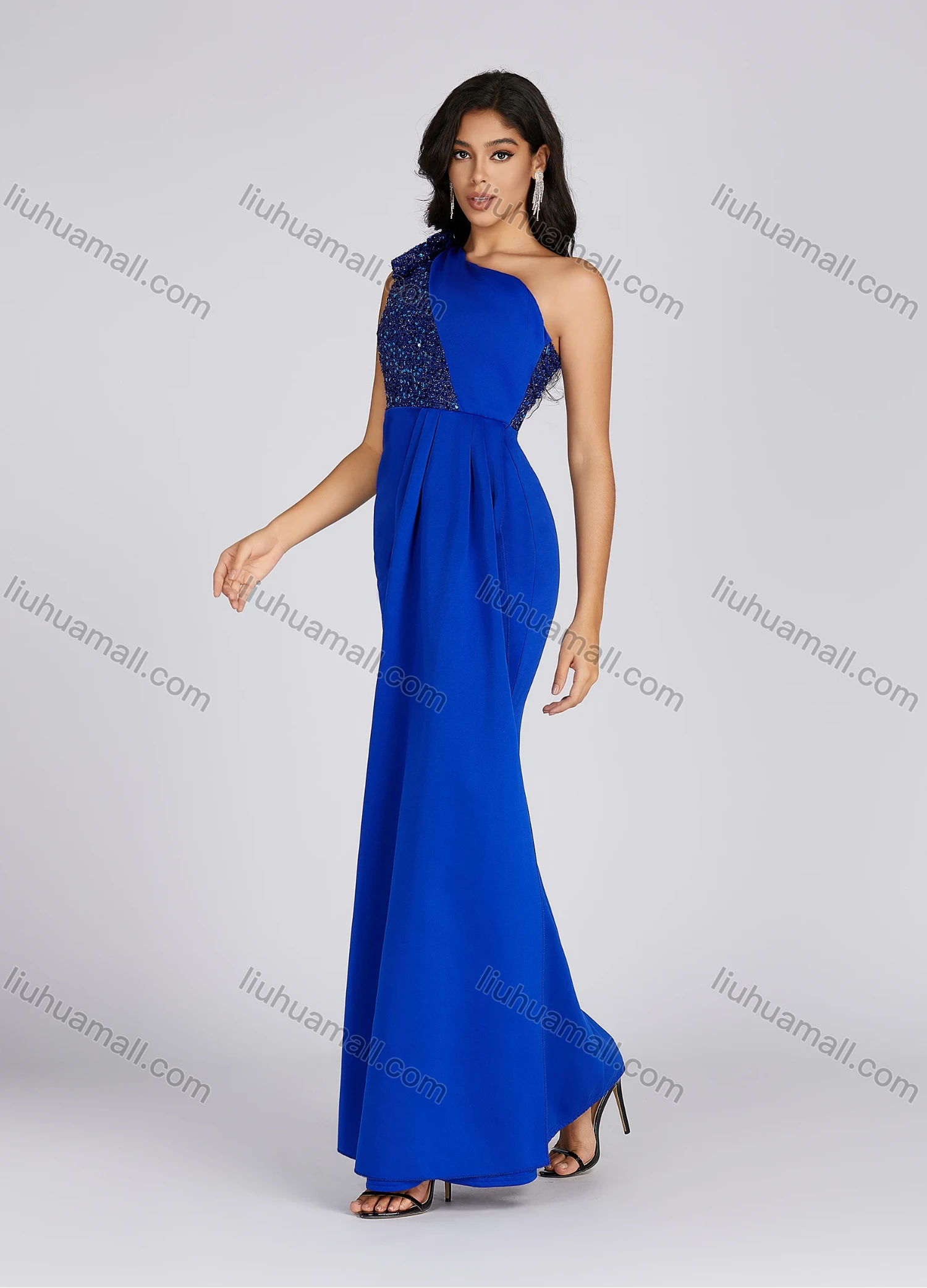 Wholesale Women's Elegant Asymmetrical Neck Sequin Tiered Evening Dress 5065# - Liuhuamall