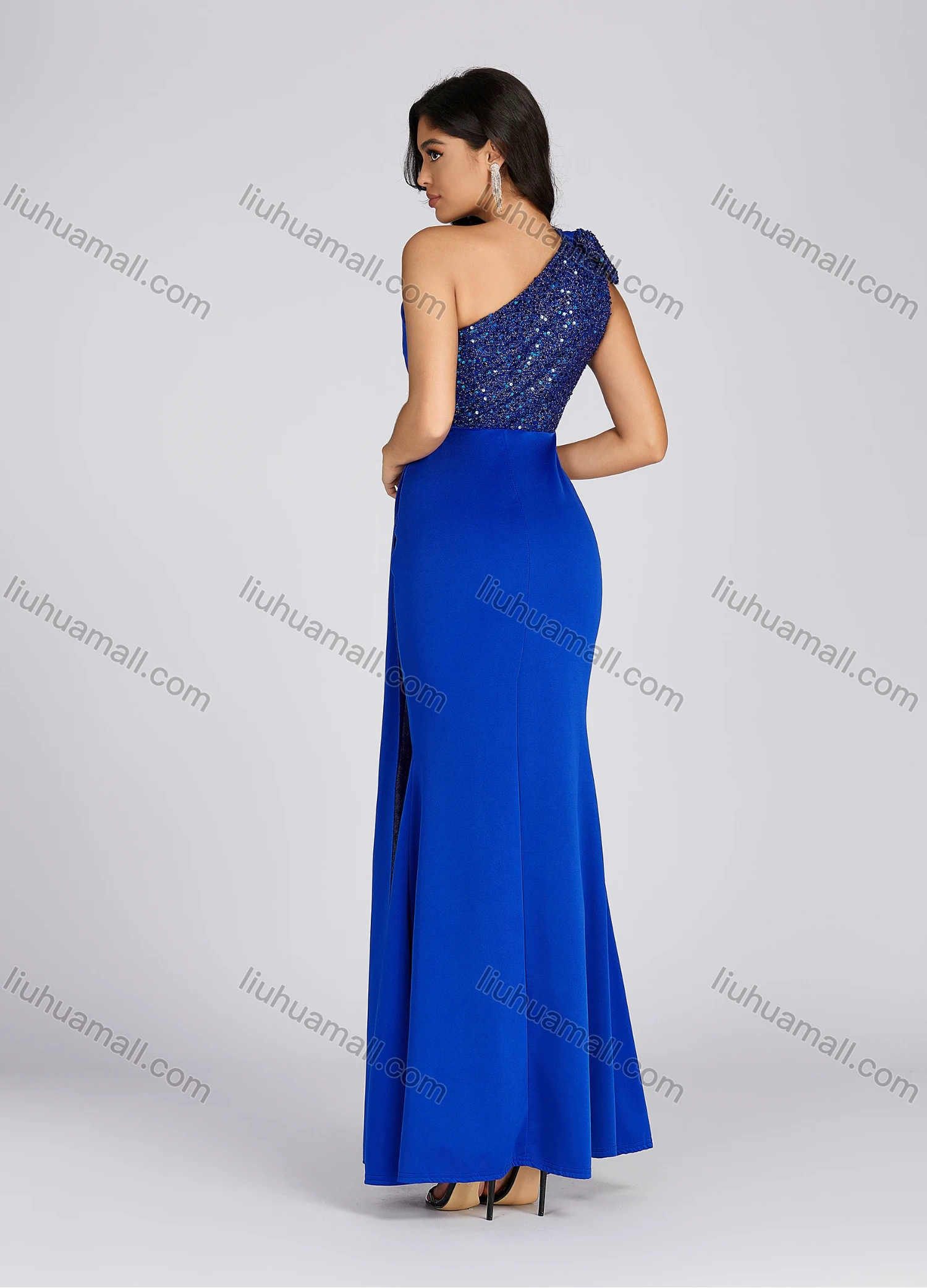 Wholesale Women's Elegant Asymmetrical Neck Sequin Tiered Evening Dress 5065# - Liuhuamall
