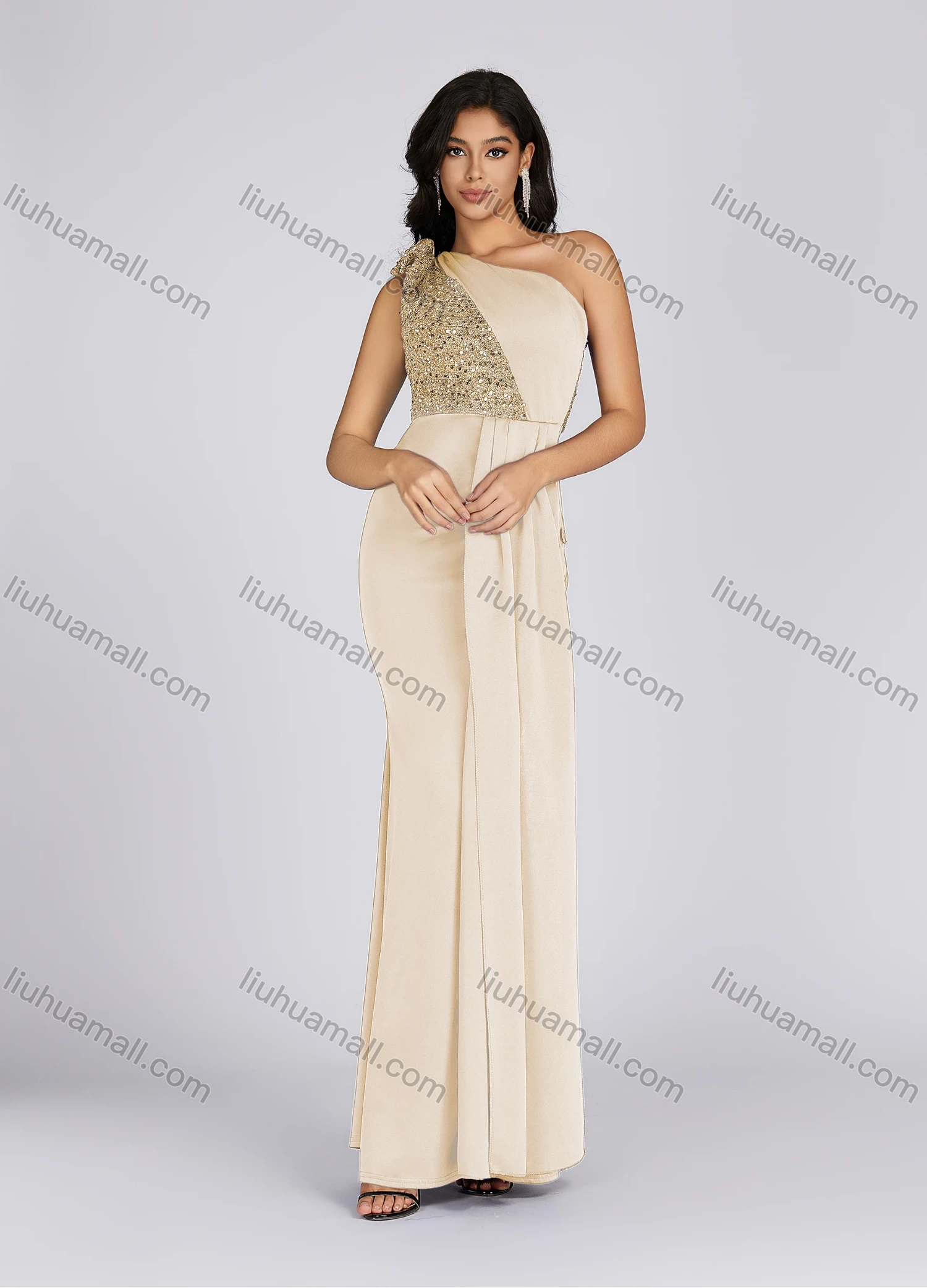 Wholesale Women's Elegant Asymmetrical Neck Sequin Tiered Evening Dress 5065# - Liuhuamall