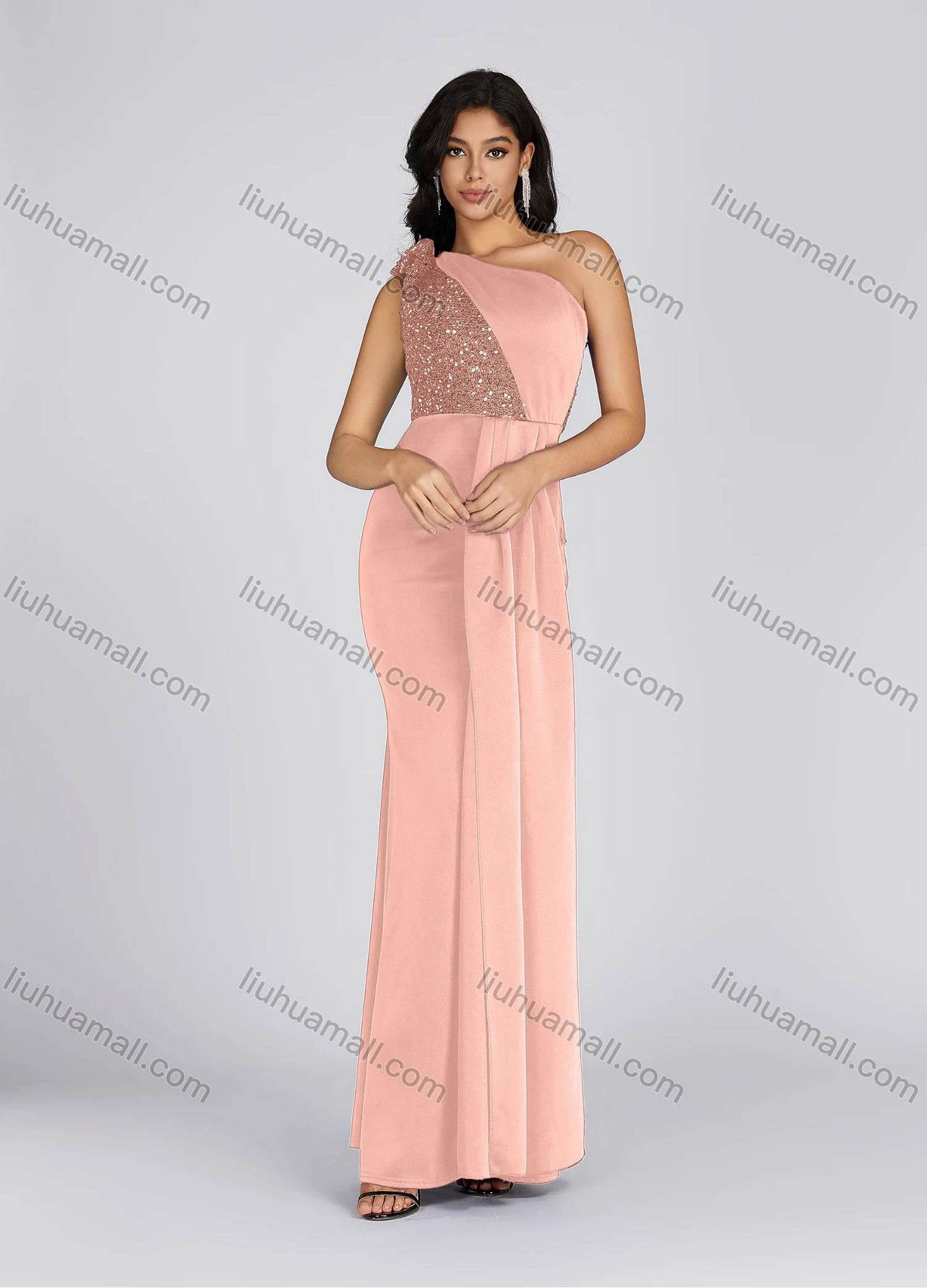 Wholesale Women's Elegant Asymmetrical Neck Sequin Tiered Evening Dress 5065# - Liuhuamall