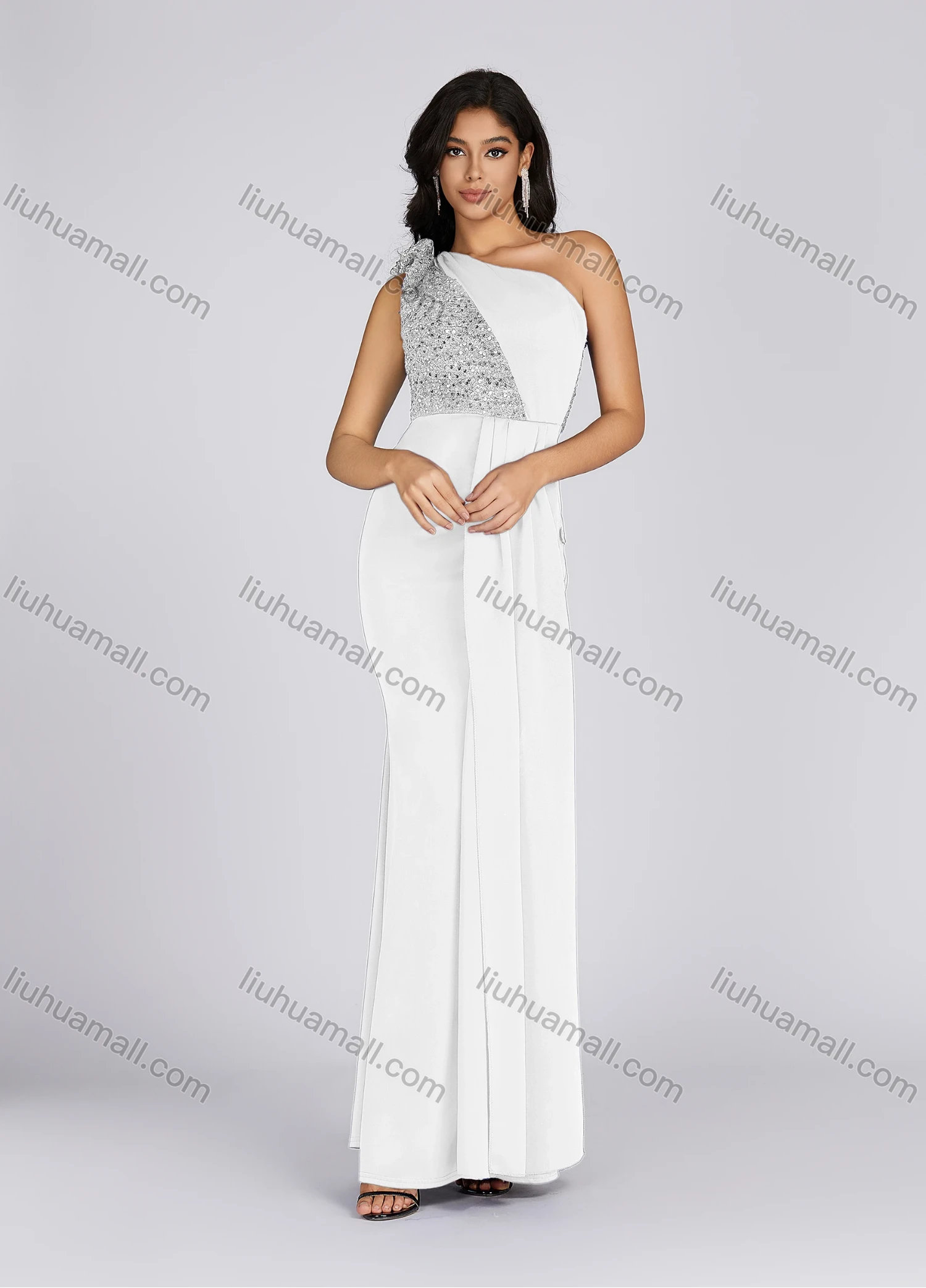 Wholesale Women's Elegant Asymmetrical Neck Sequin Tiered Evening Dress 5065# - Liuhuamall