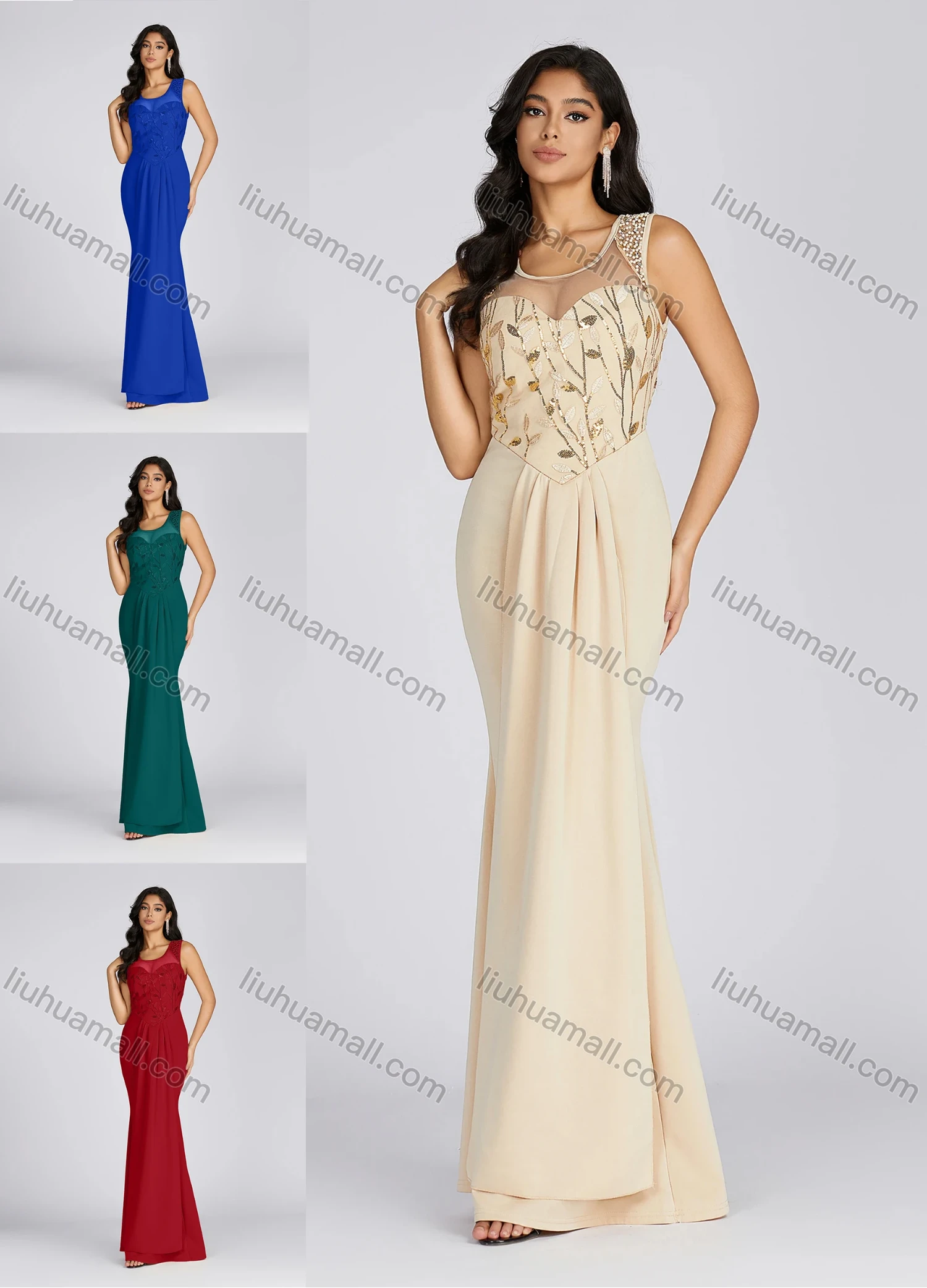 Wholesale Women's Elegant Scoop Neck Sequin Pearl Decor Tiered Evening Dress 5073# - Liuhuamall